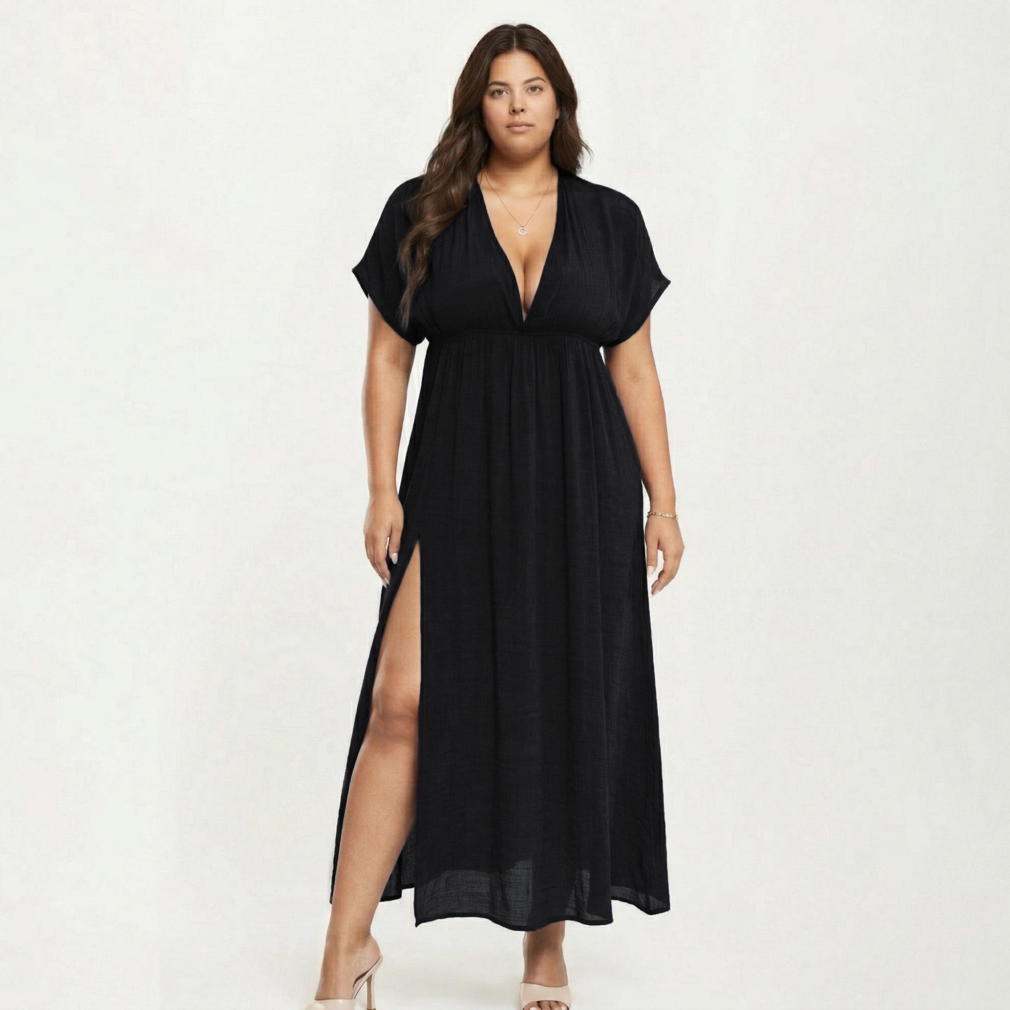 Anna-Kaci Plus Size Maxi Dress with Deep V Neck Short Sleeve Loose Fit Flowy Casual Long Dress