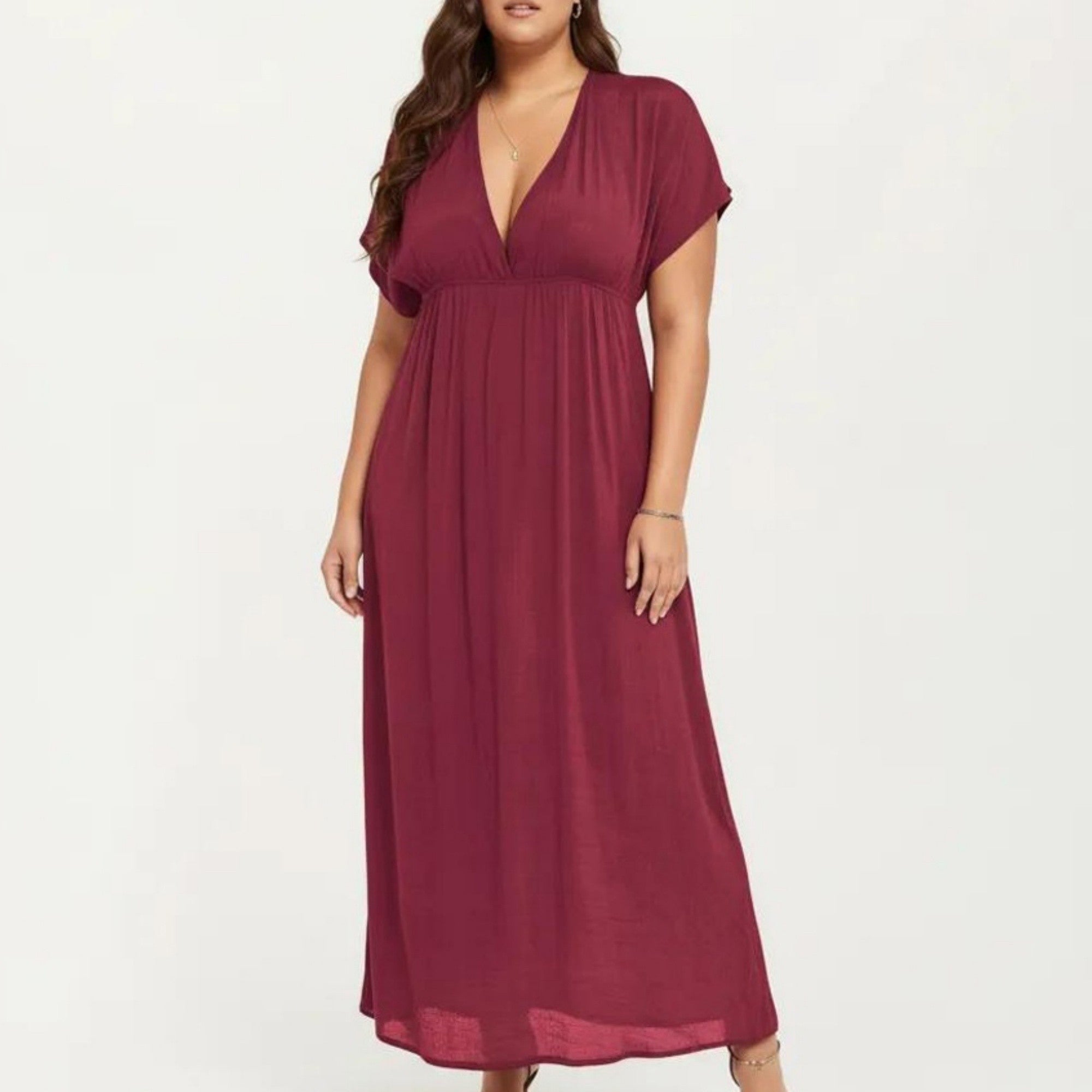 Anna-Kaci Plus Size Maxi Dress with Deep V Neck Short Sleeve Loose Fit Flowy Casual Long Dress