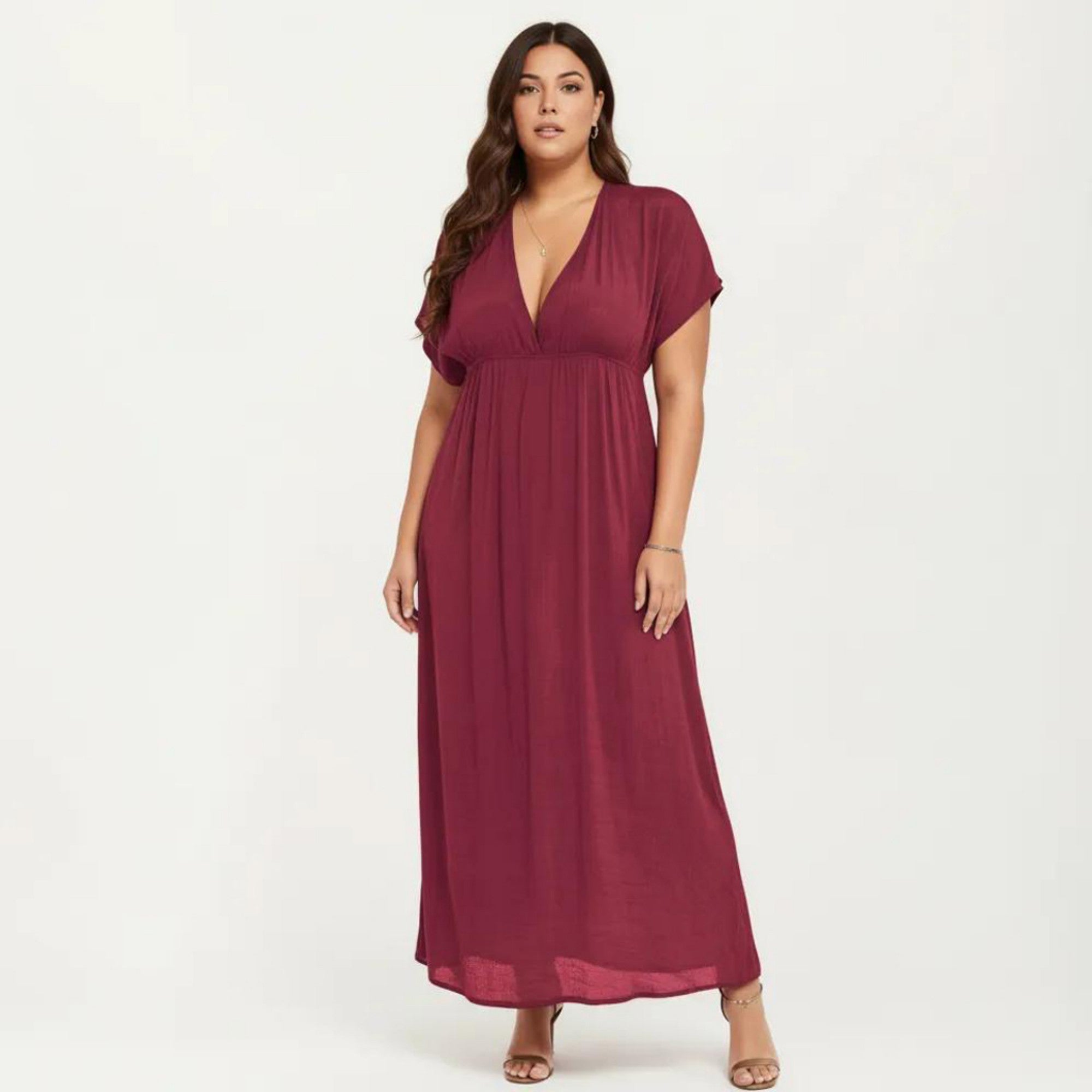 Anna-Kaci Plus Size Maxi Dress with Deep V Neck Short Sleeve Loose Fit Flowy Casual Long Dress