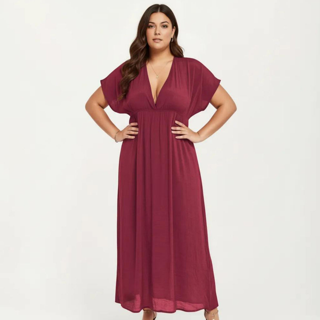 Anna-Kaci Plus Size Maxi Dress with Deep V Neck Short Sleeve Loose Fit Flowy Casual Long Dress