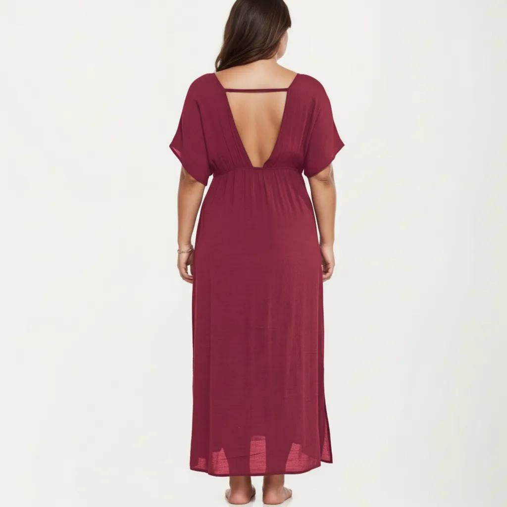 Anna-Kaci Plus Size Maxi Dress with Deep V Neck Short Sleeve Loose Fit Flowy Casual Long Dress