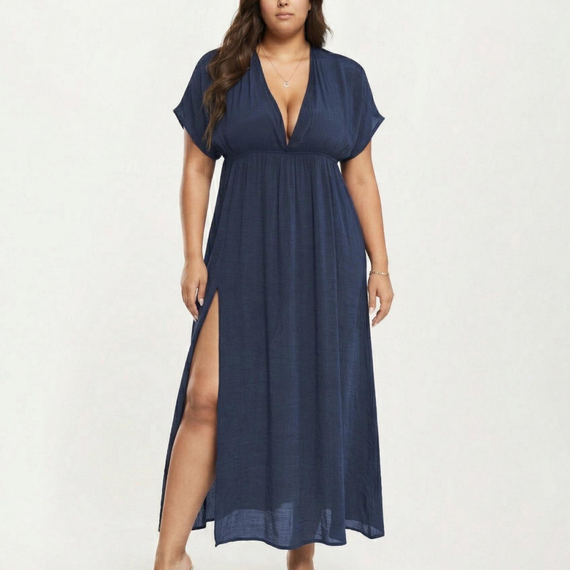 Anna-Kaci Plus Size Maxi Dress with Deep V Neck Short Sleeve Loose Fit Flowy Casual Long Dress
