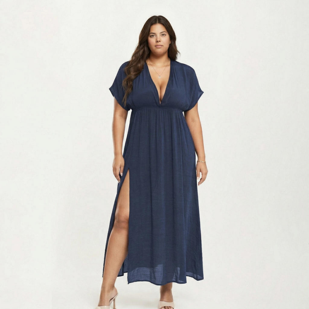 Anna-Kaci Plus Size Maxi Dress with Deep V Neck Short Sleeve Loose Fit Flowy Casual Long Dress