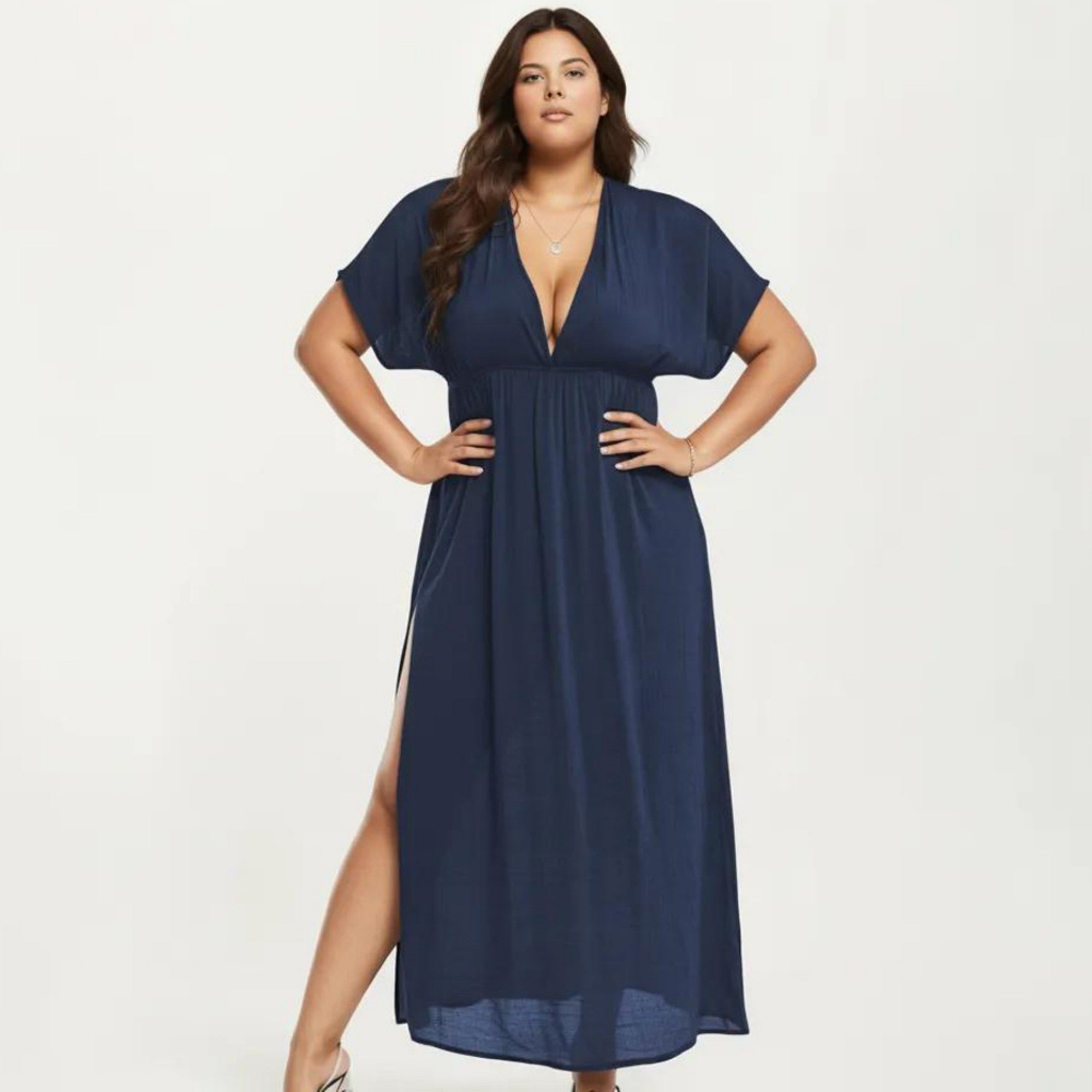 Anna-Kaci Plus Size Maxi Dress with Deep V Neck Short Sleeve Loose Fit Flowy Casual Long Dress