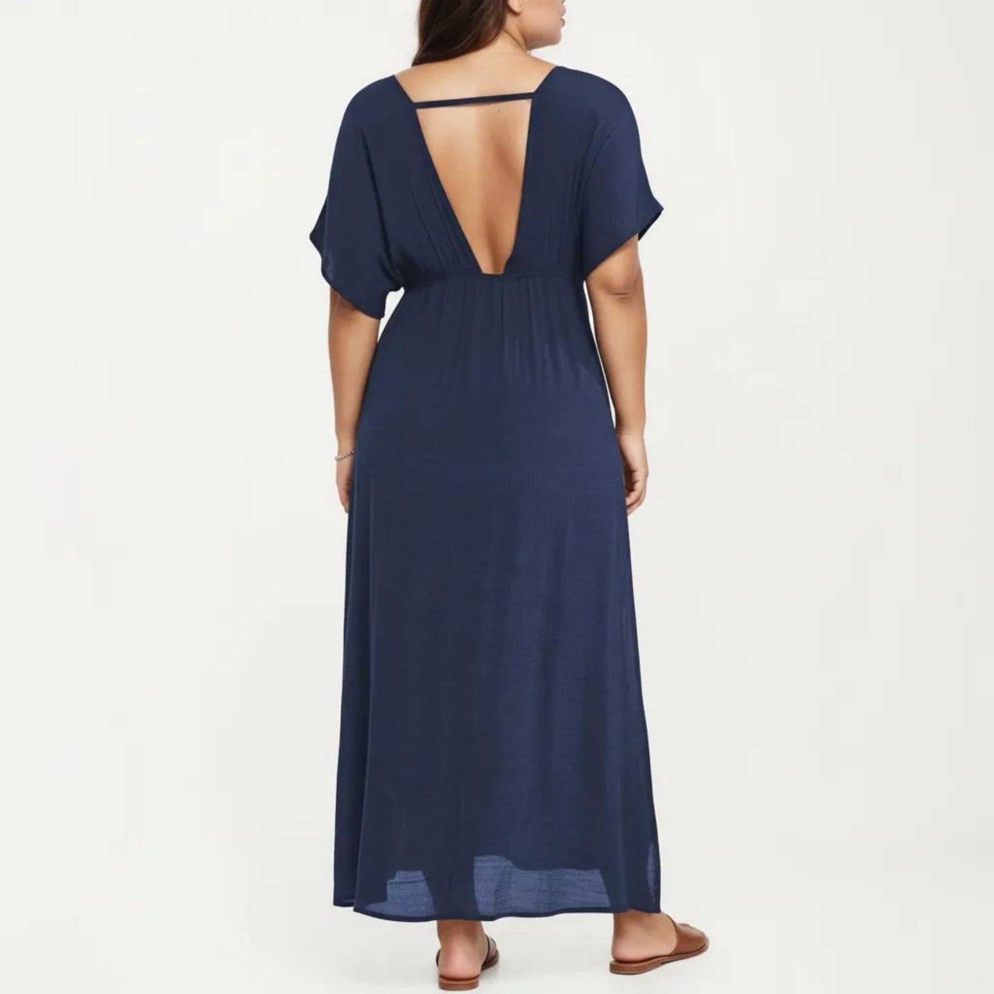 Anna-Kaci Plus Size Maxi Dress with Deep V Neck Short Sleeve Loose Fit Flowy Casual Long Dress