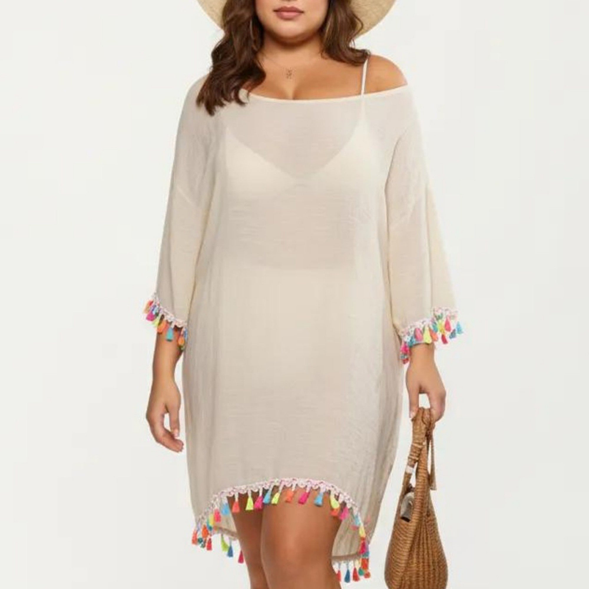 Anna-Kaci Plus Size Sheer Cover Up Dress with Tassel Trim Loose Fit Scoop Neck Beach Swim Cover Up