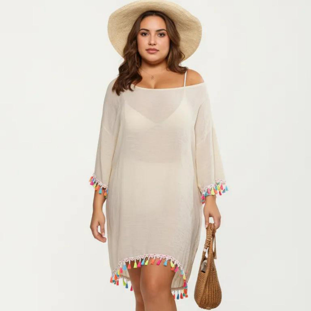 Anna-Kaci Plus Size Sheer Cover Up Dress with Tassel Trim Loose Fit Scoop Neck Beach Swim Cover Up