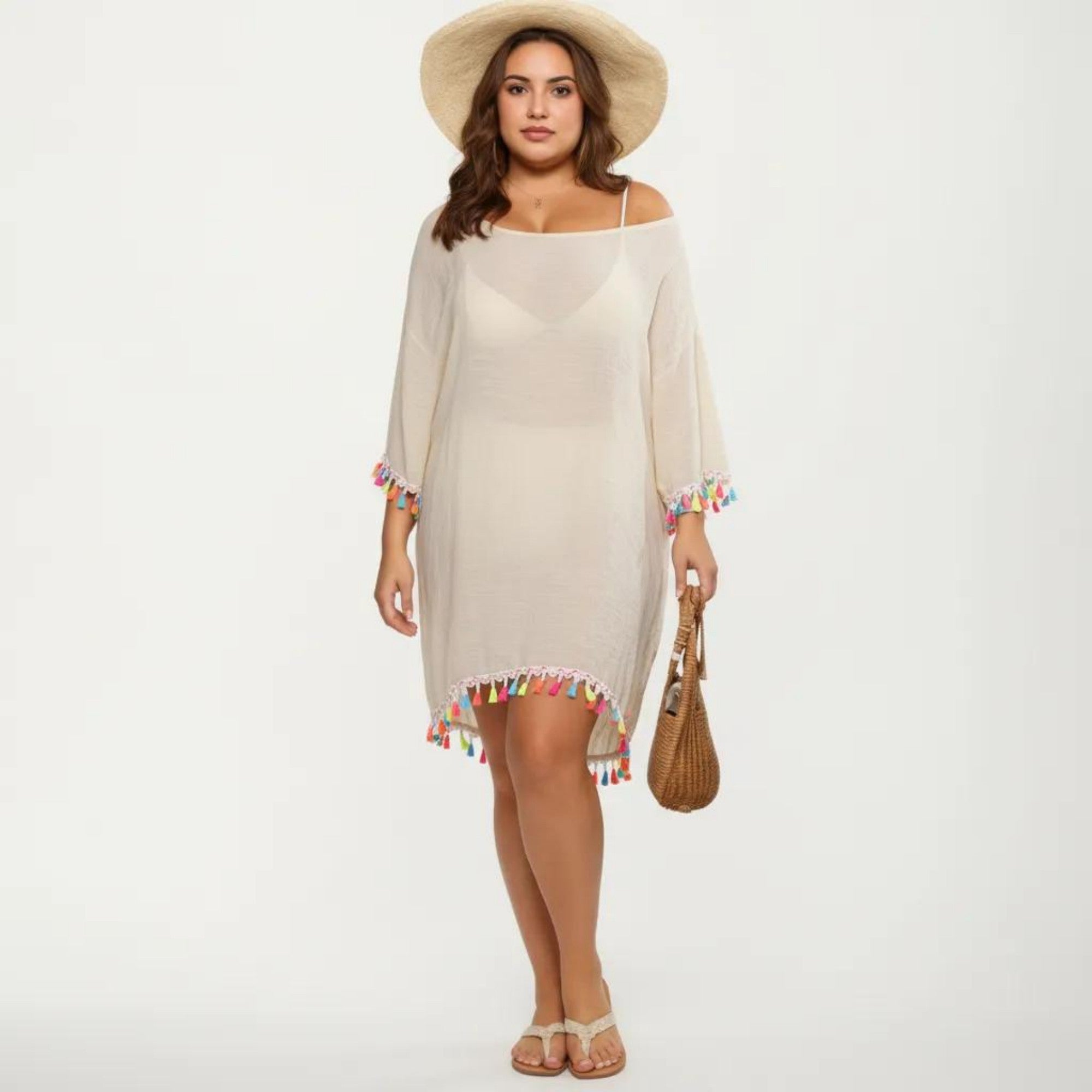 Anna-Kaci Plus Size Sheer Cover Up Dress with Tassel Trim Loose Fit Scoop Neck Beach Swim Cover Up