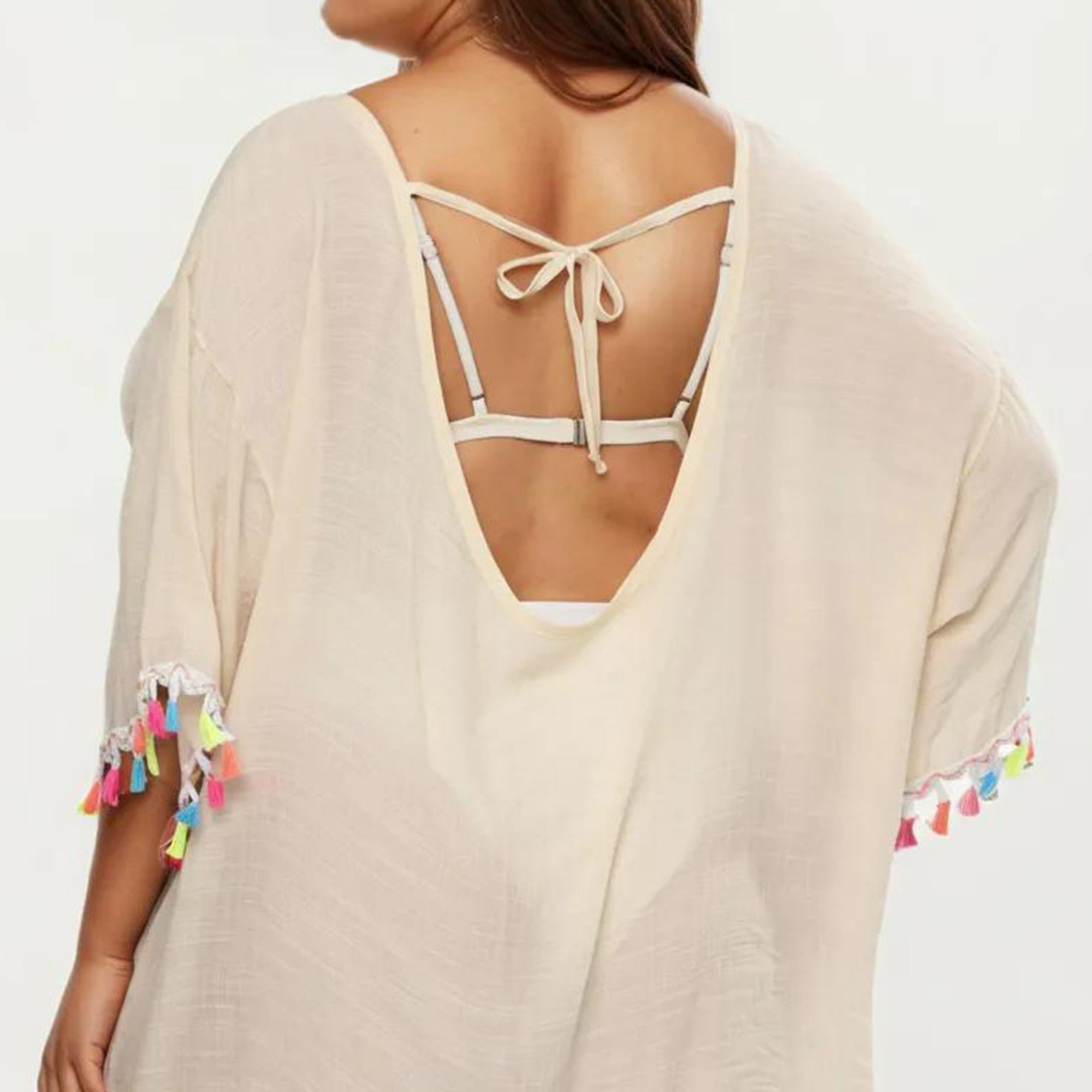 Anna-Kaci Plus Size Sheer Cover Up Dress with Tassel Trim Loose Fit Scoop Neck Beach Swim Cover Up