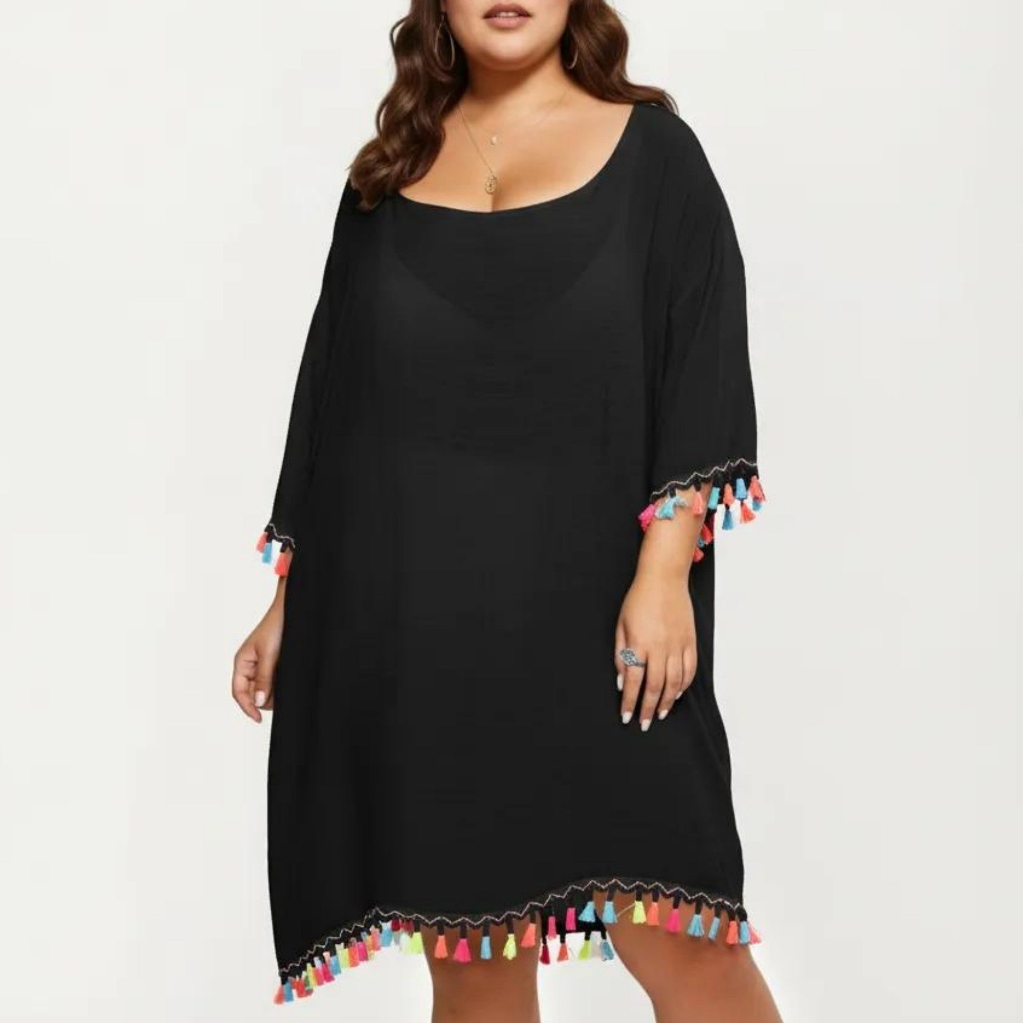 Anna-Kaci Plus Size Sheer Cover Up Dress with Tassel Trim Loose Fit Scoop Neck Beach Swim Cover Up