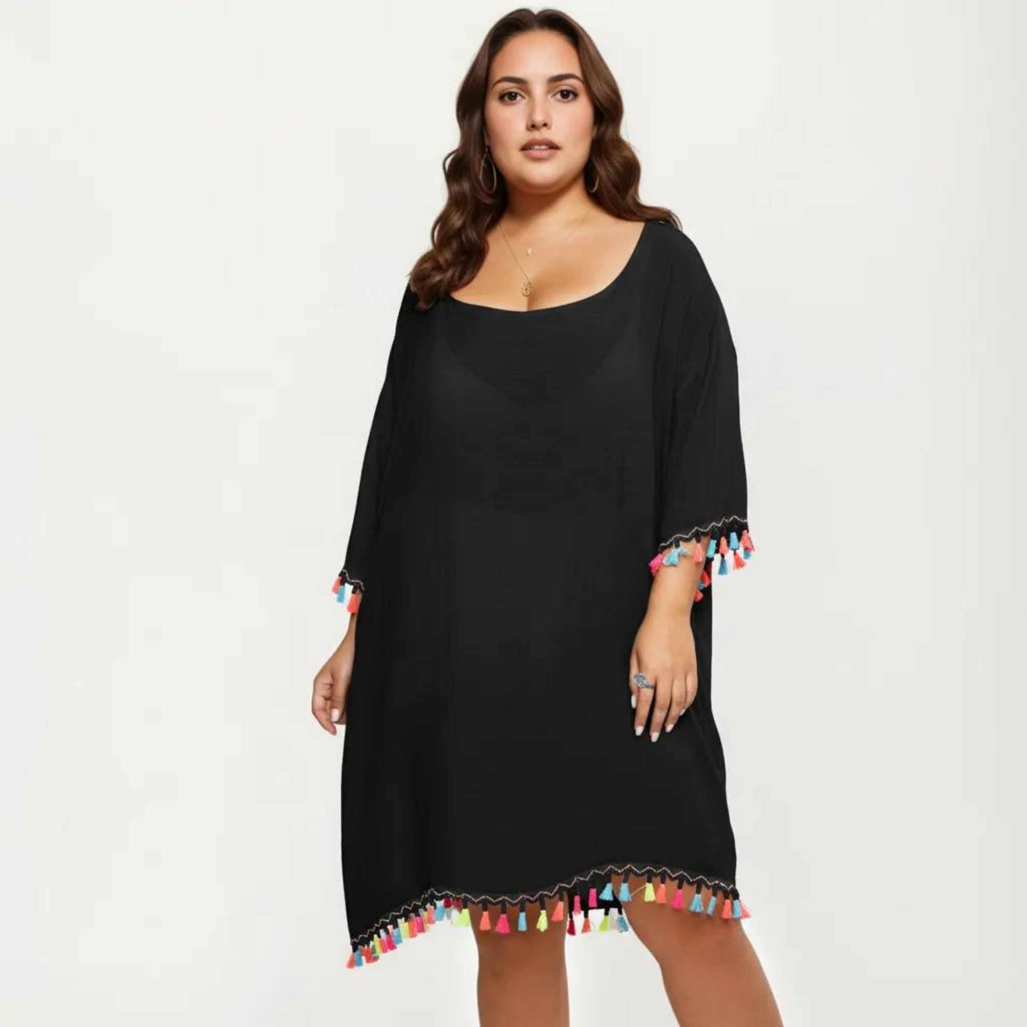 Anna-Kaci Plus Size Sheer Cover Up Dress with Tassel Trim Loose Fit Scoop Neck Beach Swim Cover Up