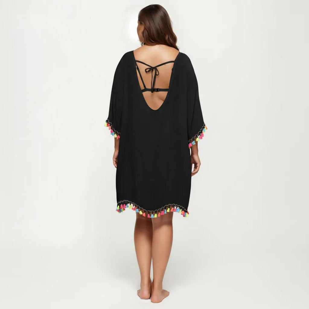 Anna-Kaci Plus Size Sheer Cover Up Dress with Tassel Trim Loose Fit Scoop Neck Beach Swim Cover Up