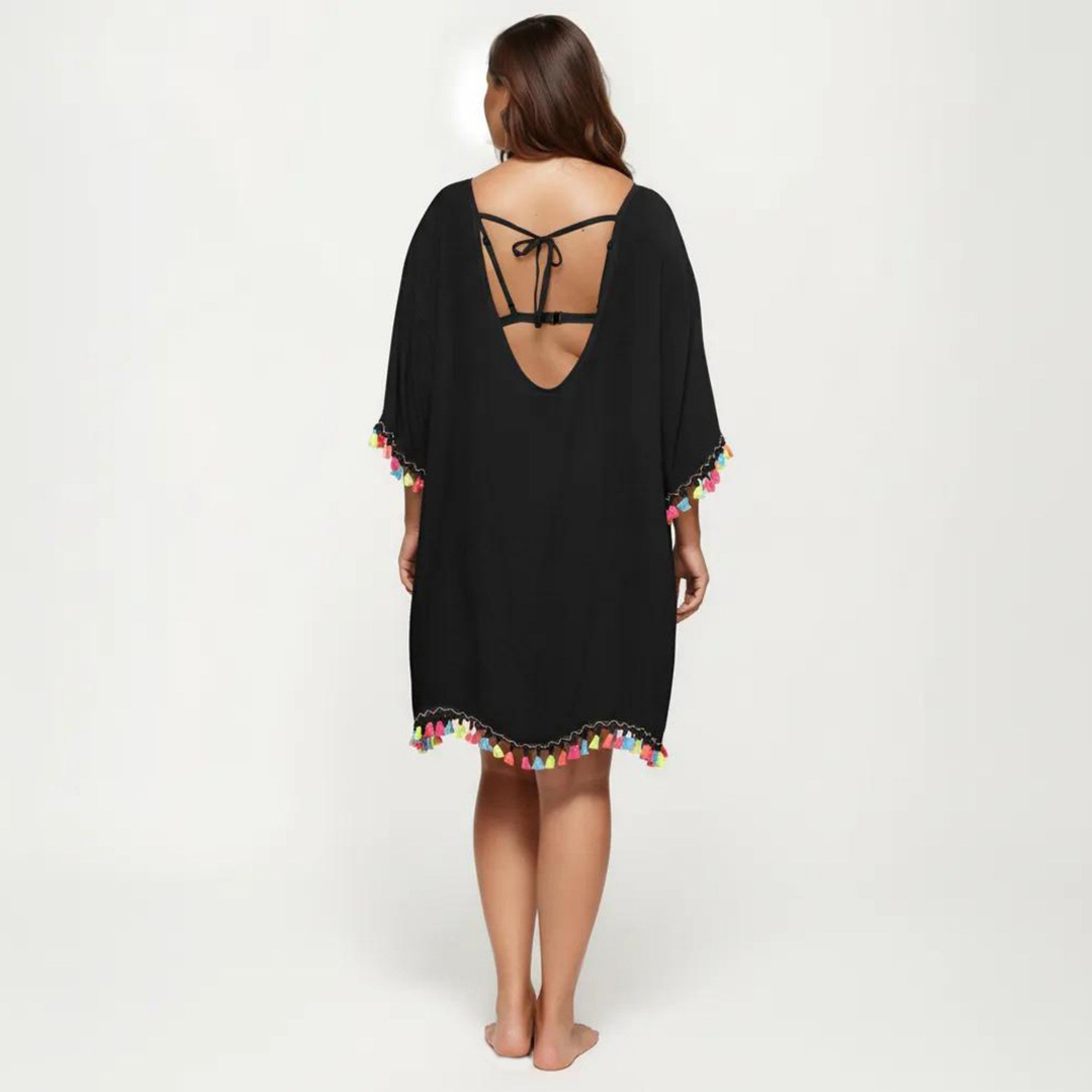 Anna-Kaci Plus Size Sheer Cover Up Dress with Tassel Trim Loose Fit Scoop Neck Beach Swim Cover Up