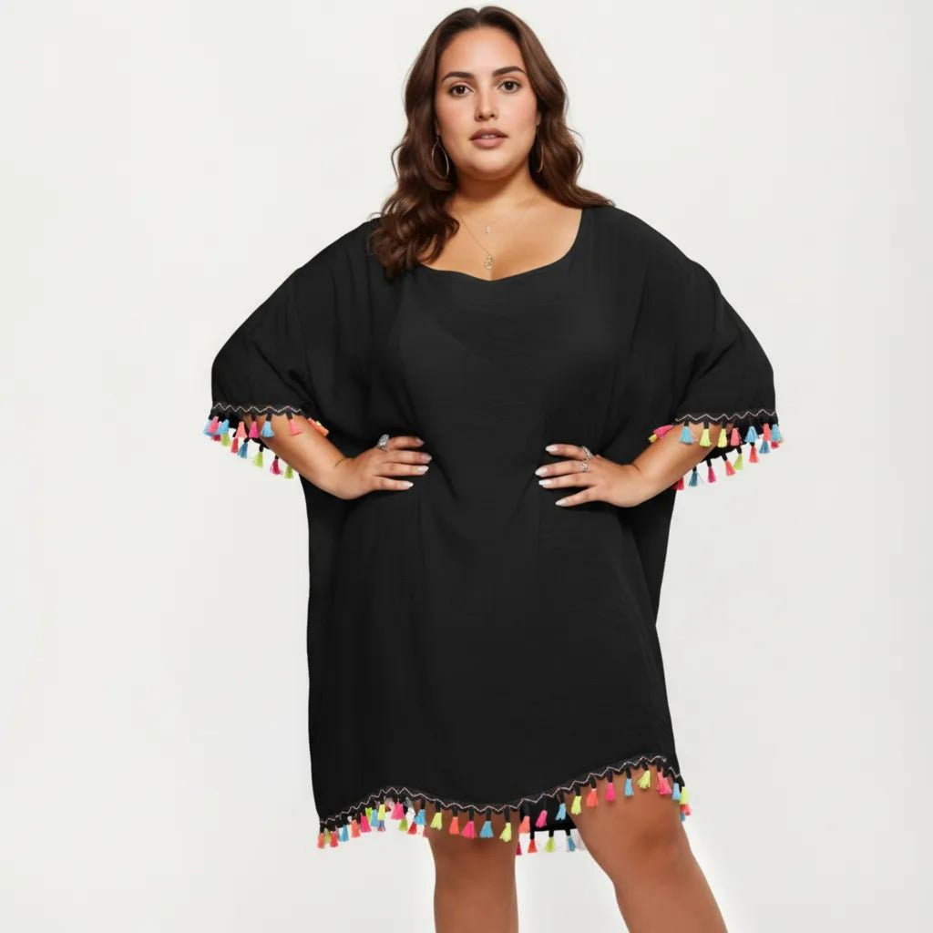 Anna-Kaci Plus Size Sheer Cover Up Dress with Tassel Trim Loose Fit Scoop Neck Beach Swim Cover Up