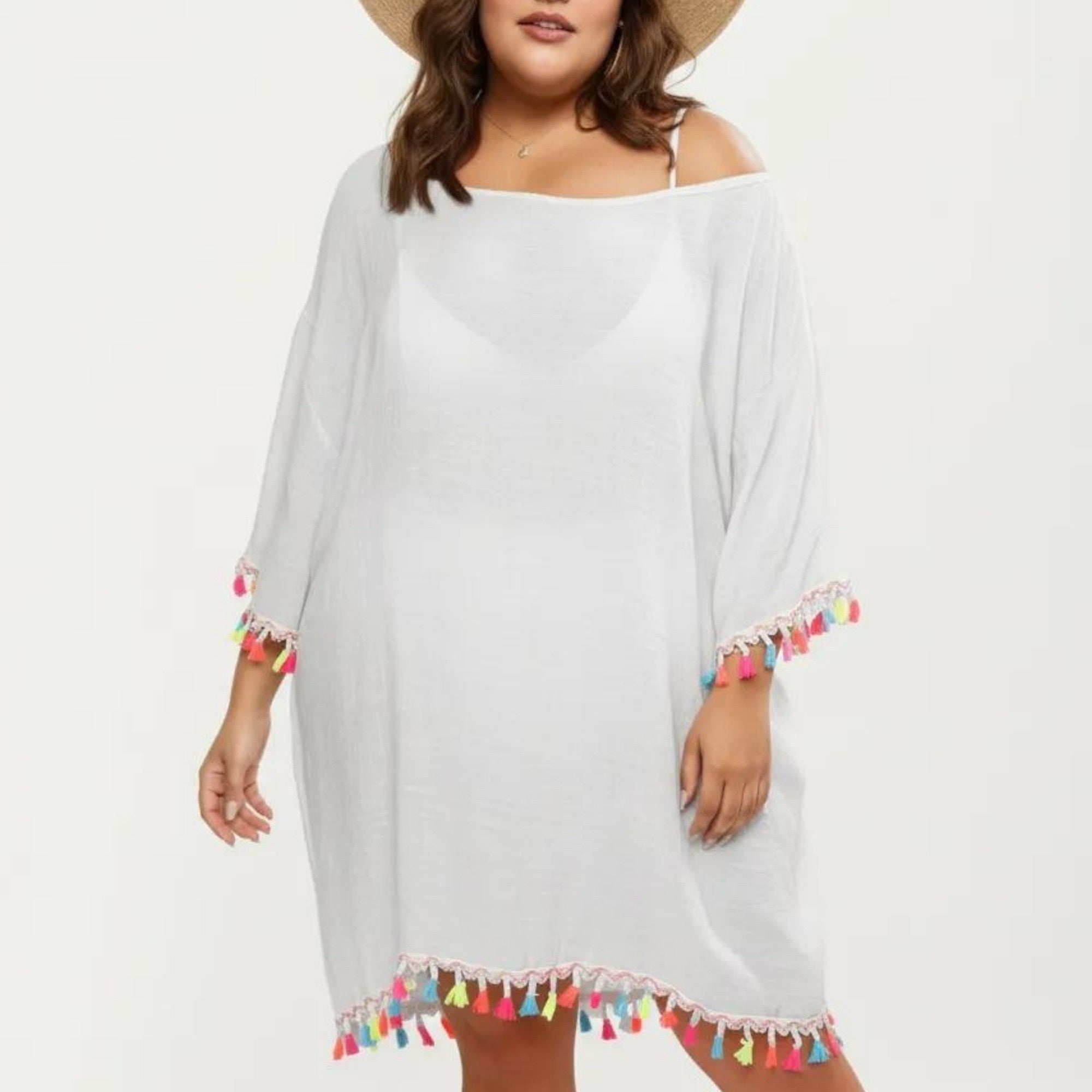 Anna-Kaci Plus Size Sheer Cover Up Dress with Tassel Trim Loose Fit Scoop Neck Beach Swim Cover Up