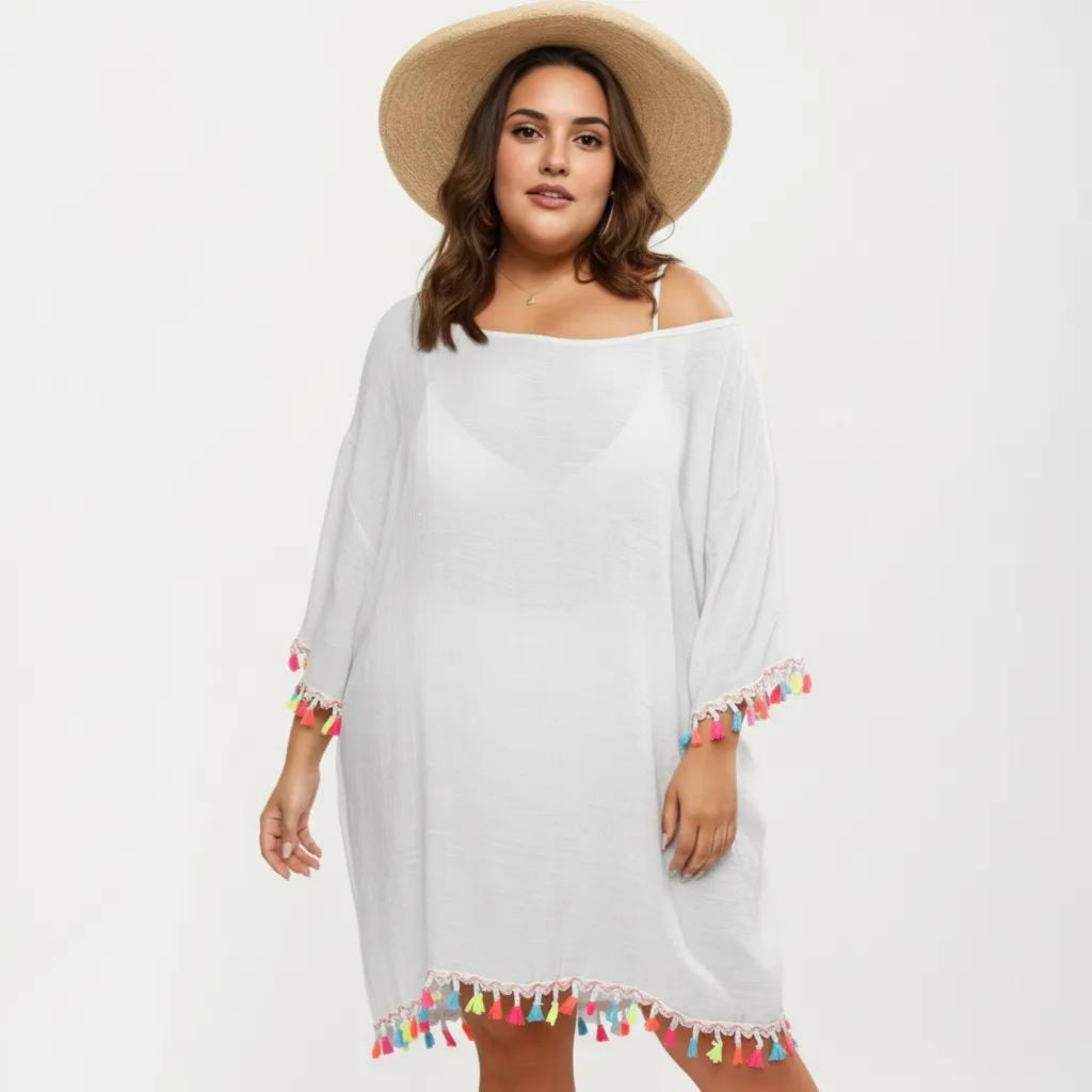 Anna-Kaci Plus Size Sheer Cover Up Dress with Tassel Trim Loose Fit Scoop Neck Beach Swim Cover Up