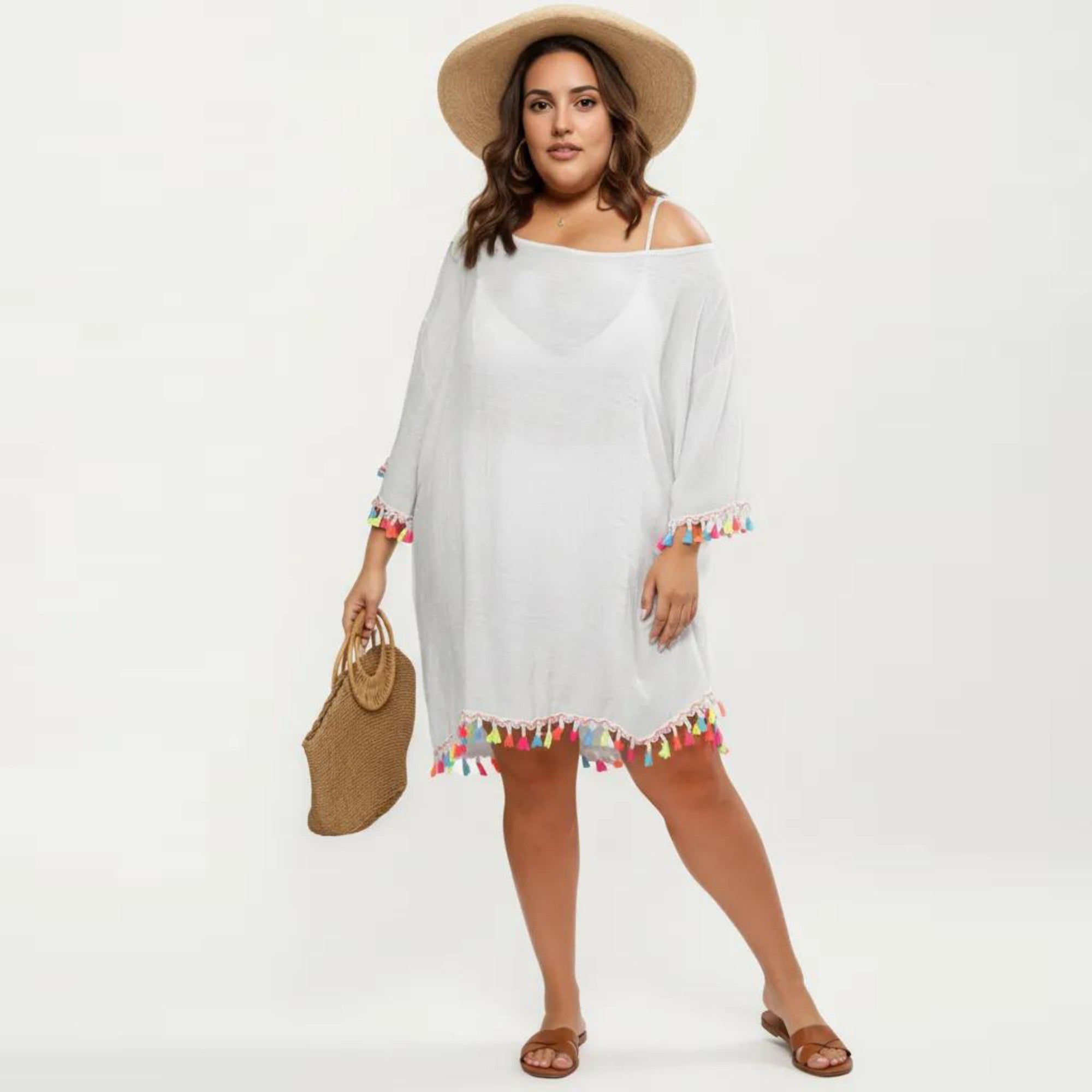 Anna-Kaci Plus Size Sheer Cover Up Dress with Tassel Trim Loose Fit Scoop Neck Beach Swim Cover Up