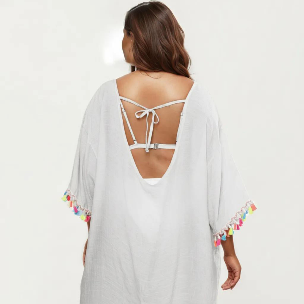 Anna-Kaci Plus Size Sheer Cover Up Dress with Tassel Trim Loose Fit Scoop Neck Beach Swim Cover Up