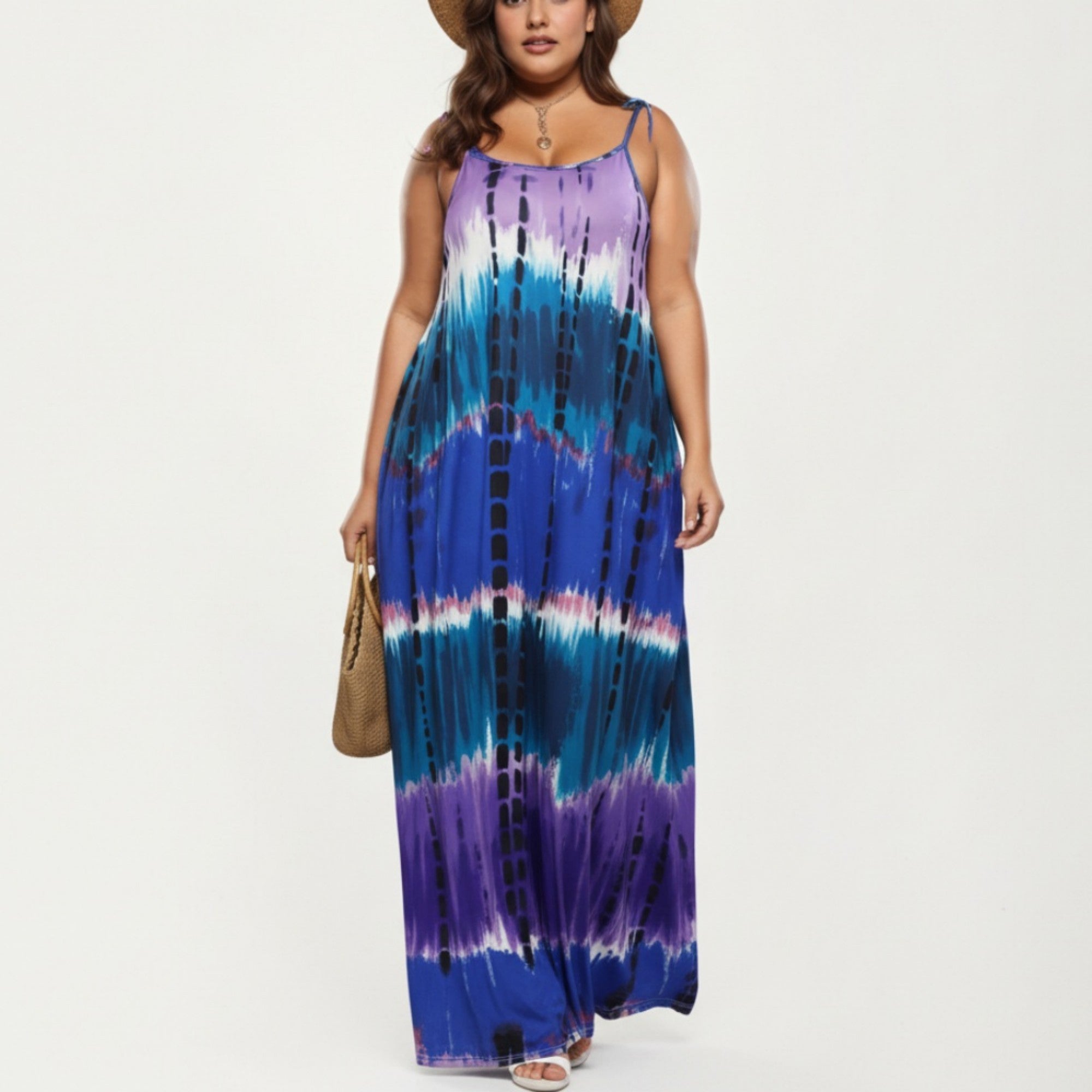 Anna-Kaci Plus Size Maxi Dress with Adjustable Strap Scoop Neck Tie Dye Print Loose Fit Casual Dress