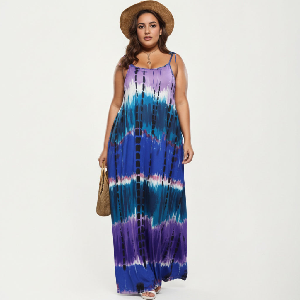 Anna-Kaci Plus Size Maxi Dress with Adjustable Strap Scoop Neck Tie Dye Print Loose Fit Casual Dress