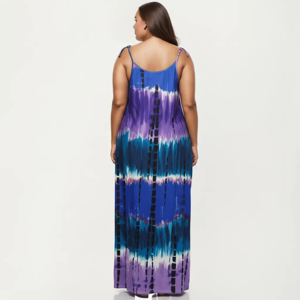 Anna-Kaci Plus Size Maxi Dress with Adjustable Strap Scoop Neck Tie Dye Print Loose Fit Casual Dress
