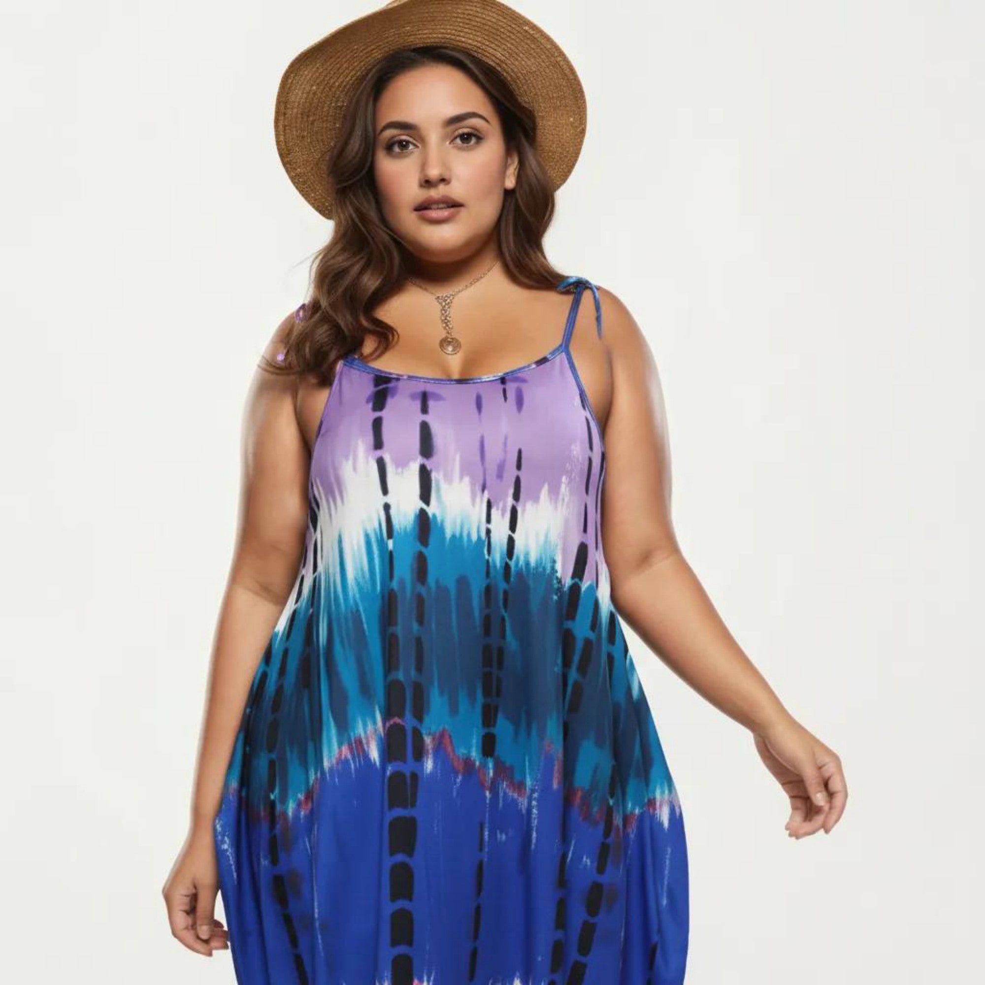Anna-Kaci Plus Size Maxi Dress with Adjustable Strap Scoop Neck Tie Dye Print Loose Fit Casual Dress