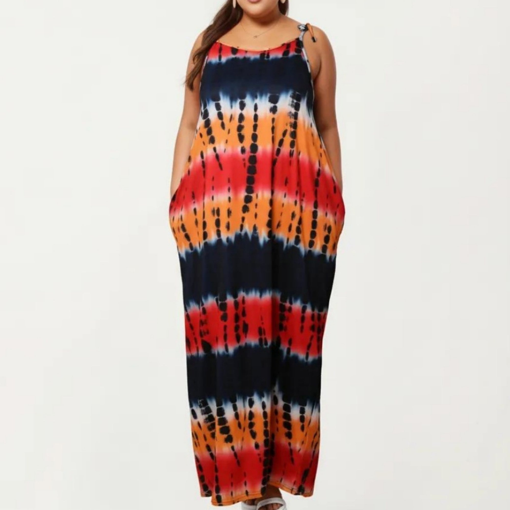 Anna-Kaci Plus Size Maxi Dress with Adjustable Strap Scoop Neck Tie Dye Print Loose Fit Casual Dress