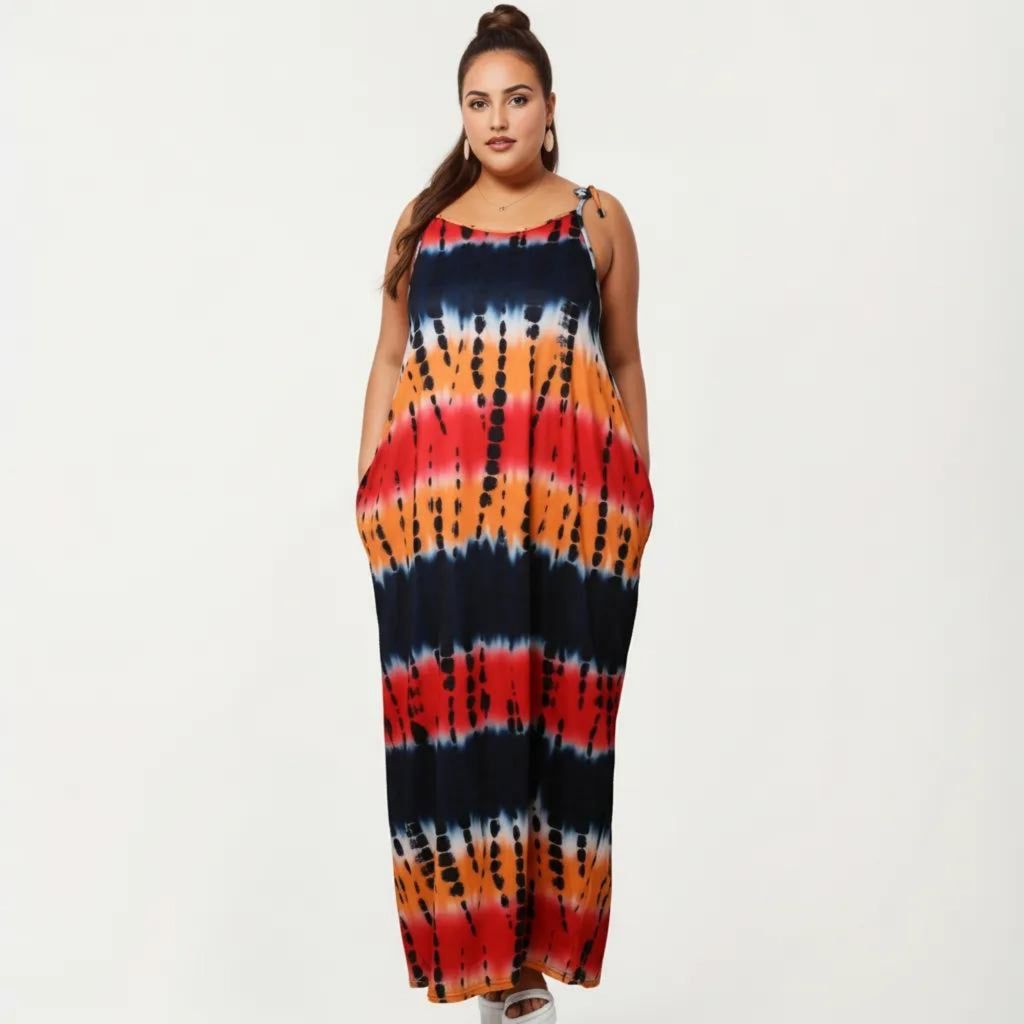Anna-Kaci Plus Size Maxi Dress with Adjustable Strap Scoop Neck Tie Dye Print Loose Fit Casual Dress
