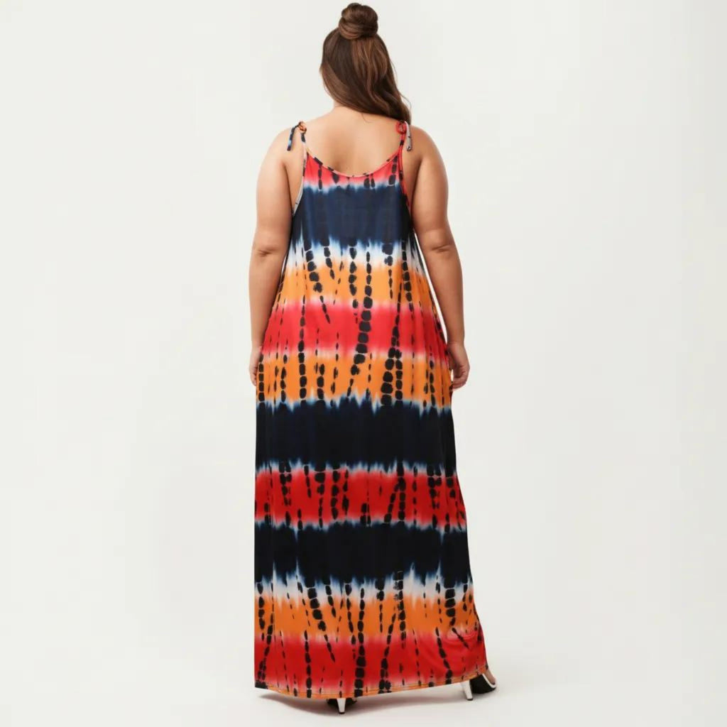 Anna-Kaci Plus Size Maxi Dress with Adjustable Strap Scoop Neck Tie Dye Print Loose Fit Casual Dress