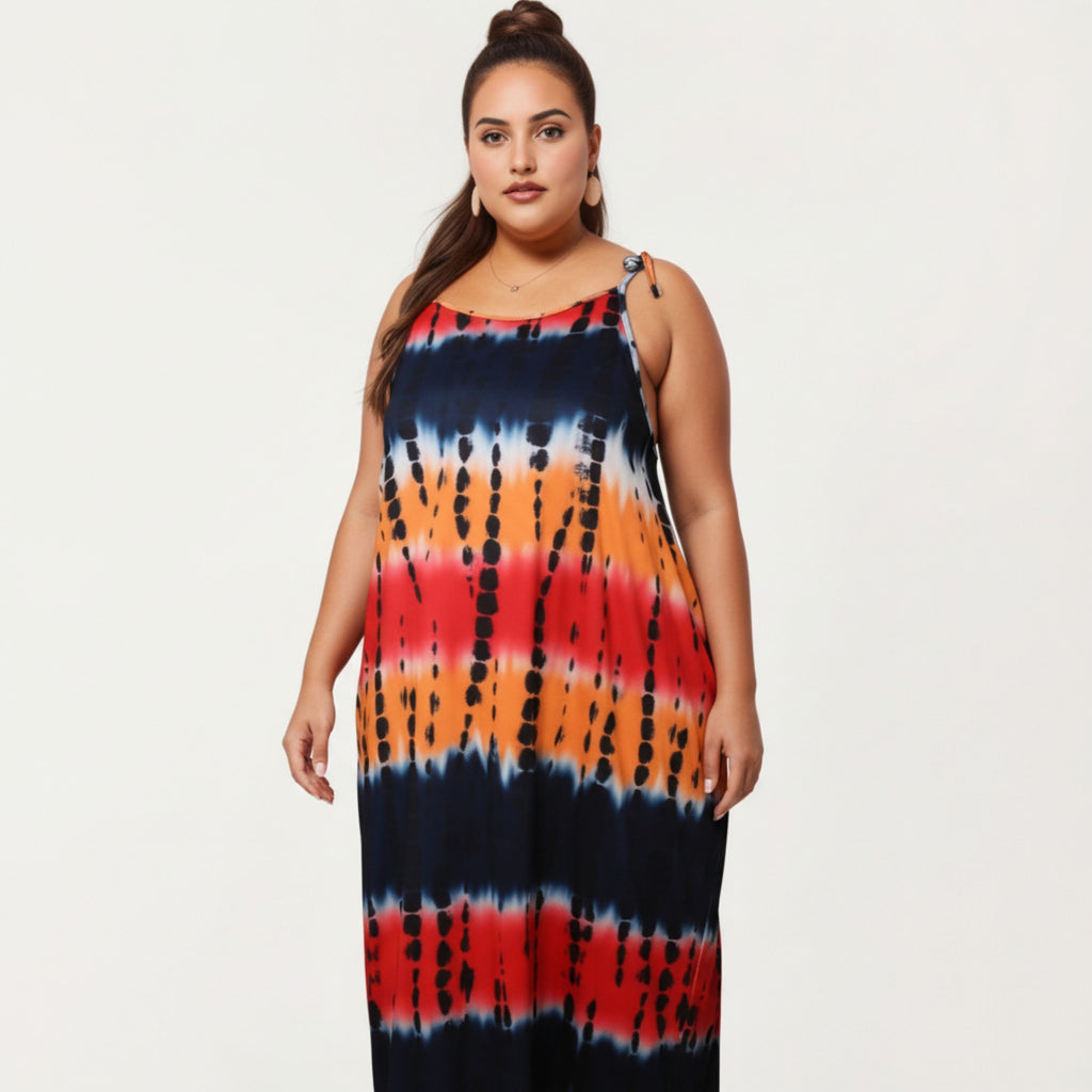 Anna-Kaci Plus Size Maxi Dress with Adjustable Strap Scoop Neck Tie Dye Print Loose Fit Casual Dress