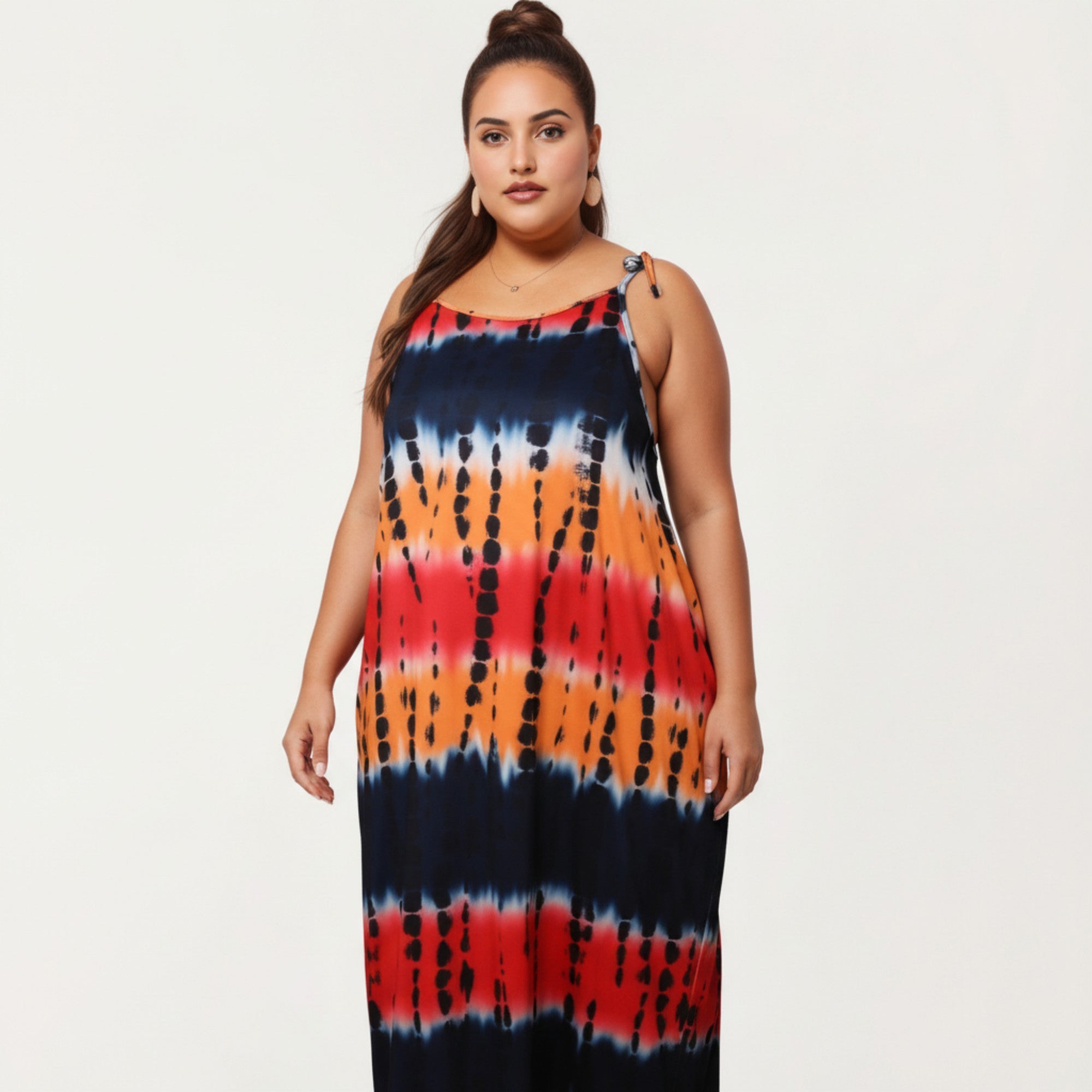 Anna-Kaci Plus Size Maxi Dress with Adjustable Strap Scoop Neck Tie Dye Print Loose Fit Casual Dress