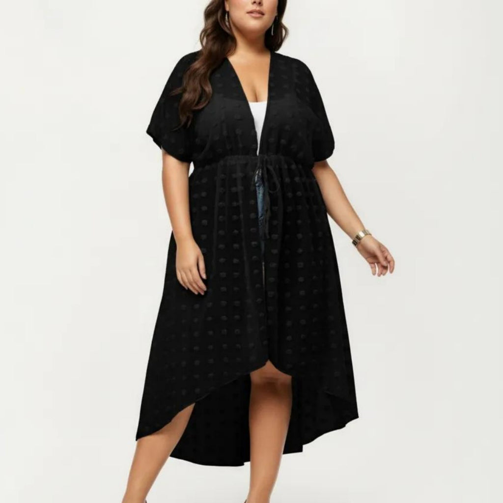 Anna-Kaci Sheer Midi Cover Up Dress with V Neck Drawstring Waist Swiss Dot High Low Hem Beach Layer