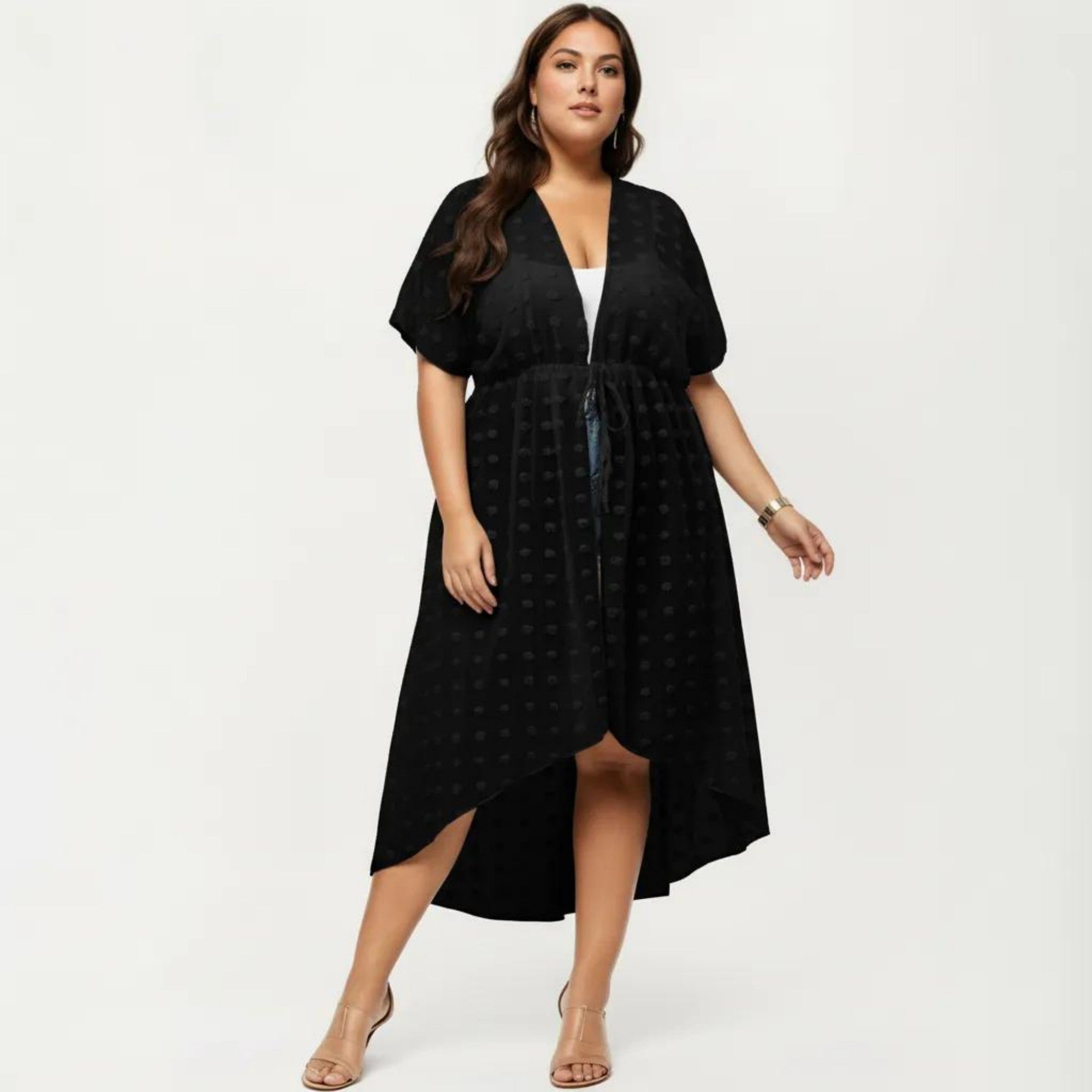 Anna-Kaci Sheer Midi Cover Up Dress with V Neck Drawstring Waist Swiss Dot High Low Hem Beach Layer