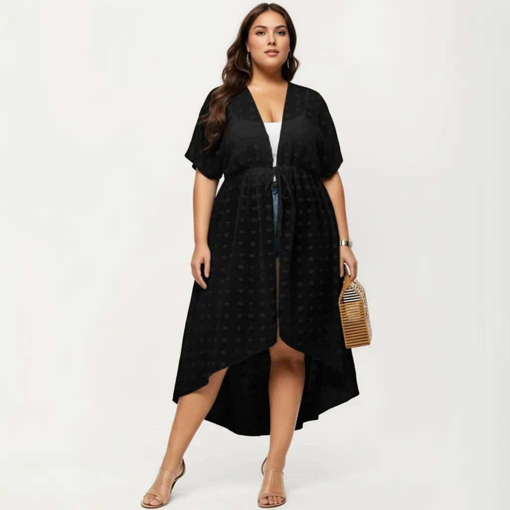 Anna-Kaci Sheer Midi Cover Up Dress with V Neck Drawstring Waist Swiss Dot High Low Hem Beach Layer
