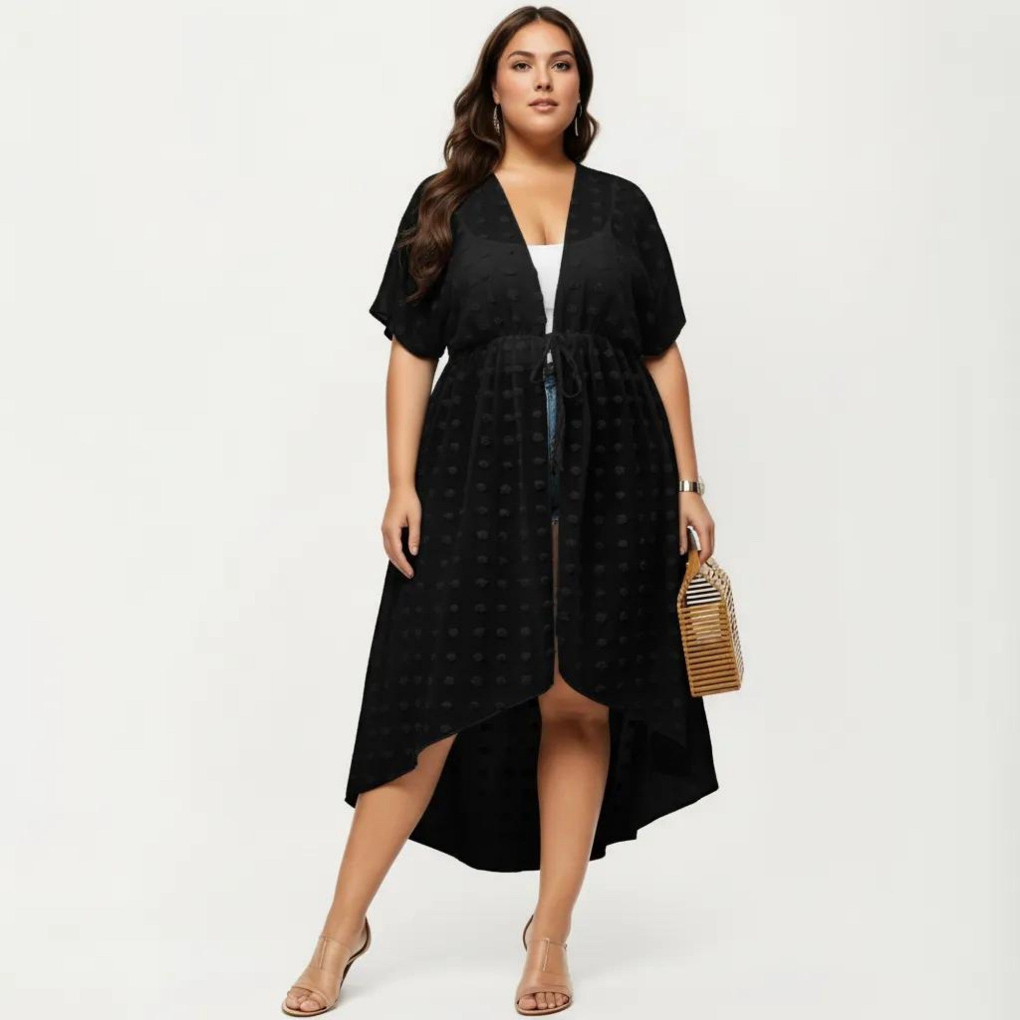 Anna-Kaci Sheer Midi Cover Up Dress with V Neck Drawstring Waist Swiss Dot High Low Hem Beach Layer
