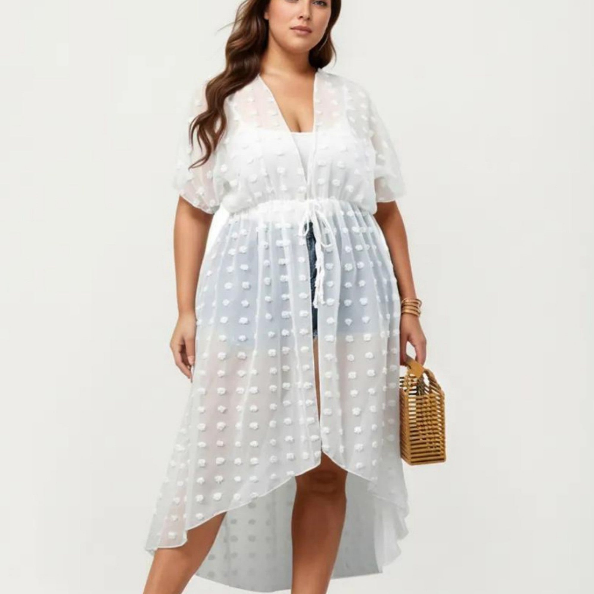 Anna-Kaci Sheer Midi Cover Up Dress with V Neck Drawstring Waist Swiss Dot High Low Hem Beach Layer