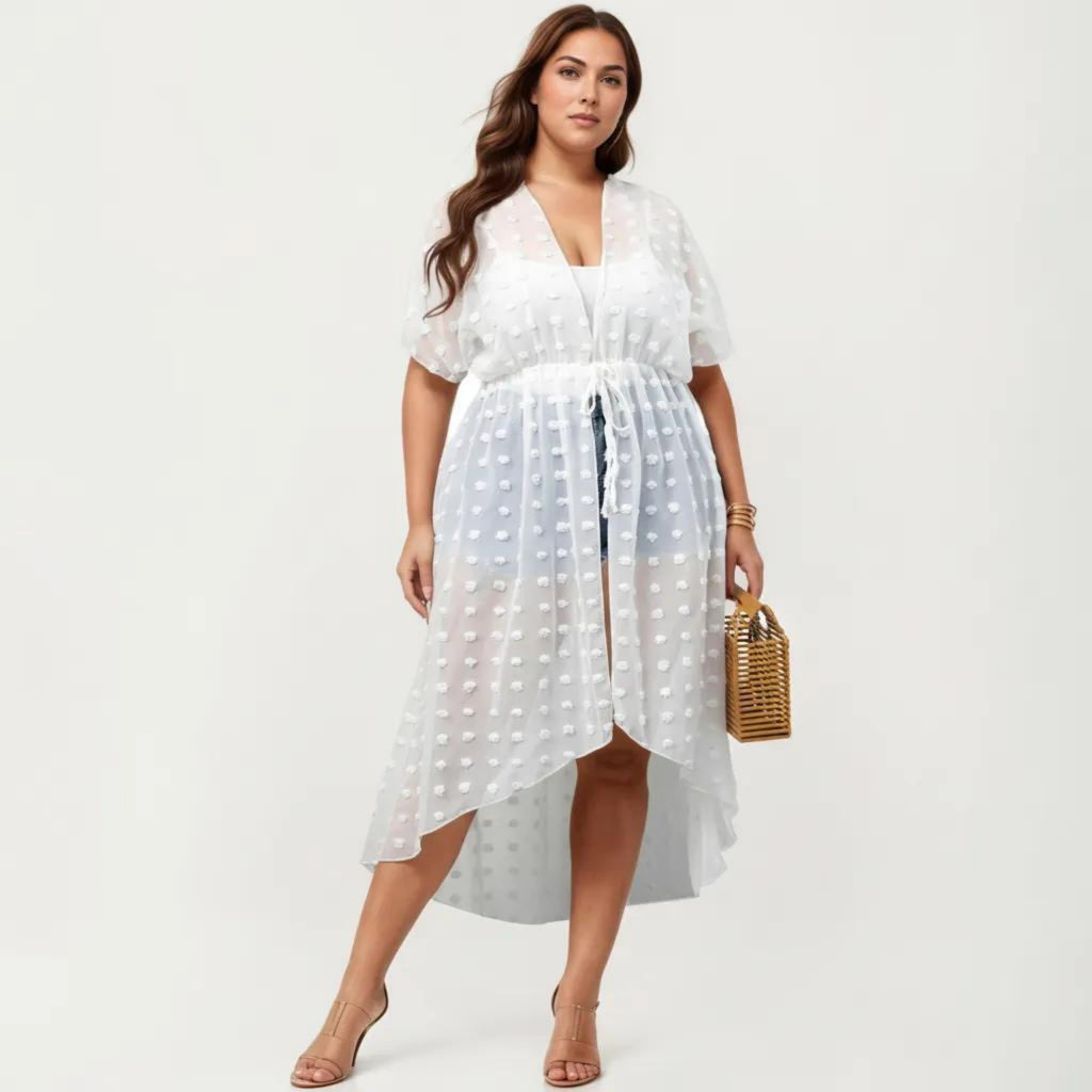 Anna-Kaci Sheer Midi Cover Up Dress with V Neck Drawstring Waist Swiss Dot High Low Hem Beach Layer