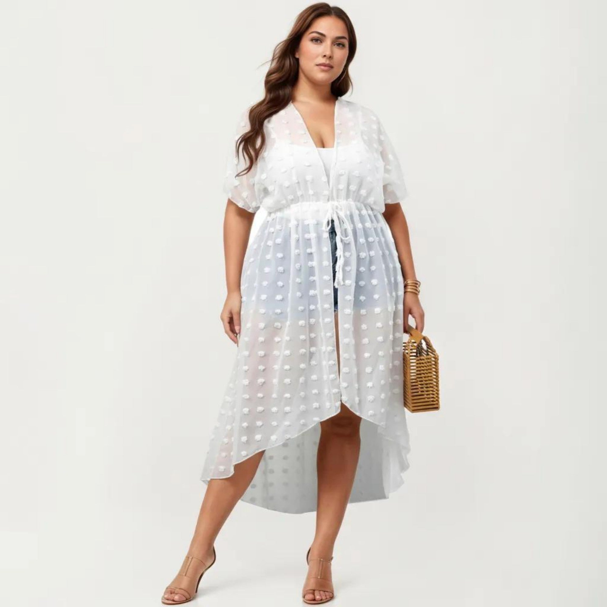 Anna-Kaci Sheer Midi Cover Up Dress with V Neck Drawstring Waist Swiss Dot High Low Hem Beach Layer