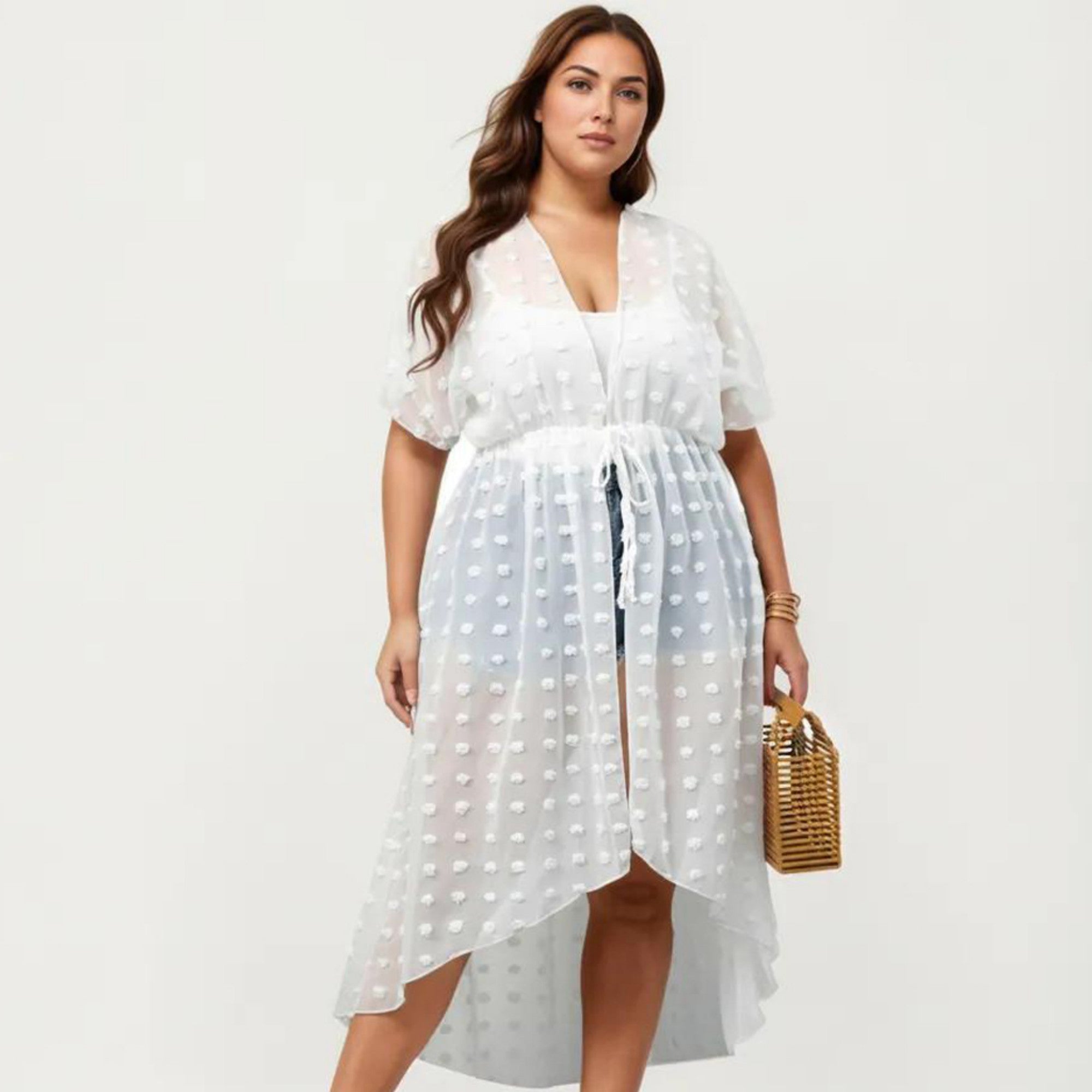 Anna-Kaci Sheer Midi Cover Up Dress with V Neck Drawstring Waist Swiss Dot High Low Hem Beach Layer