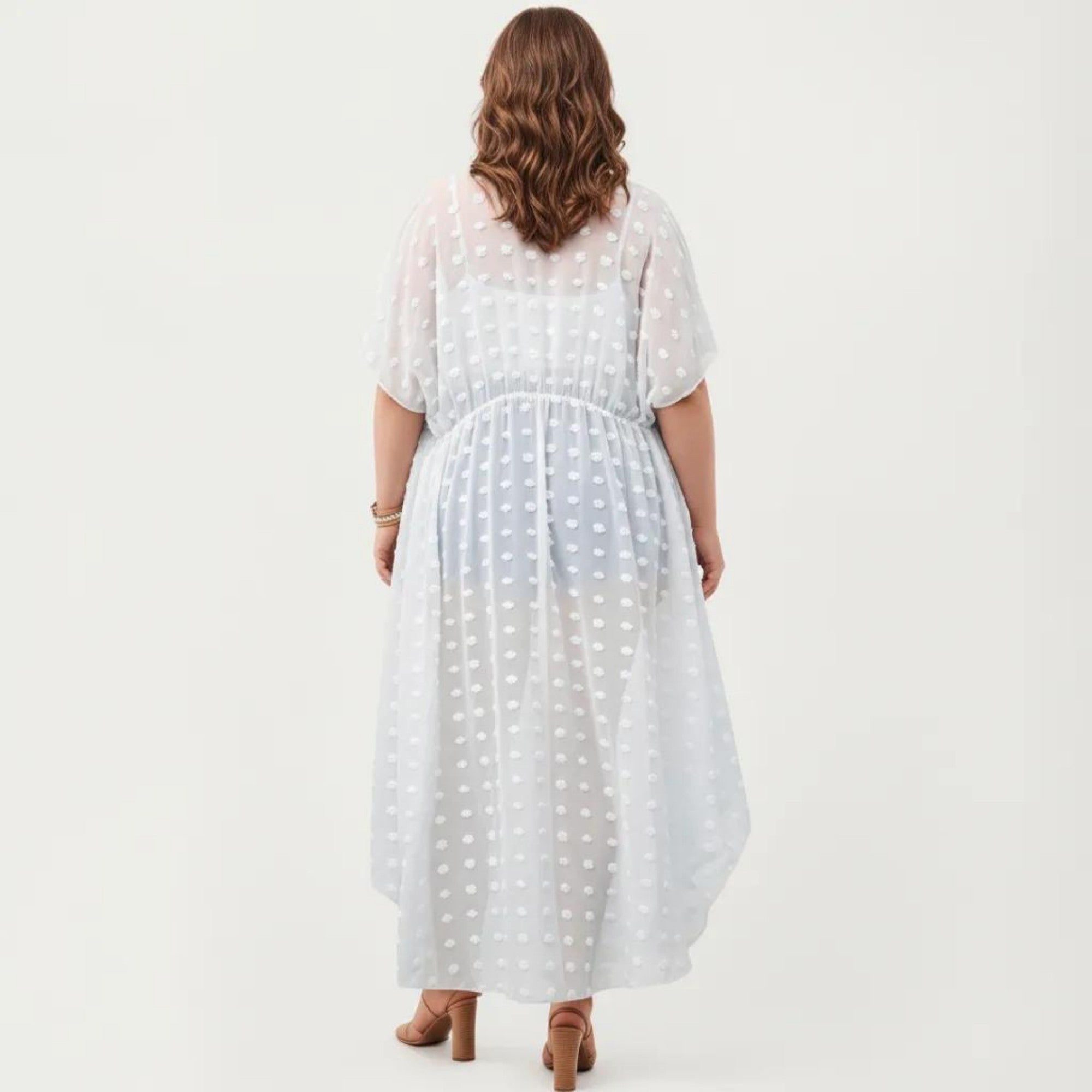 Anna-Kaci Sheer Midi Cover Up Dress with V Neck Drawstring Waist Swiss Dot High Low Hem Beach Layer