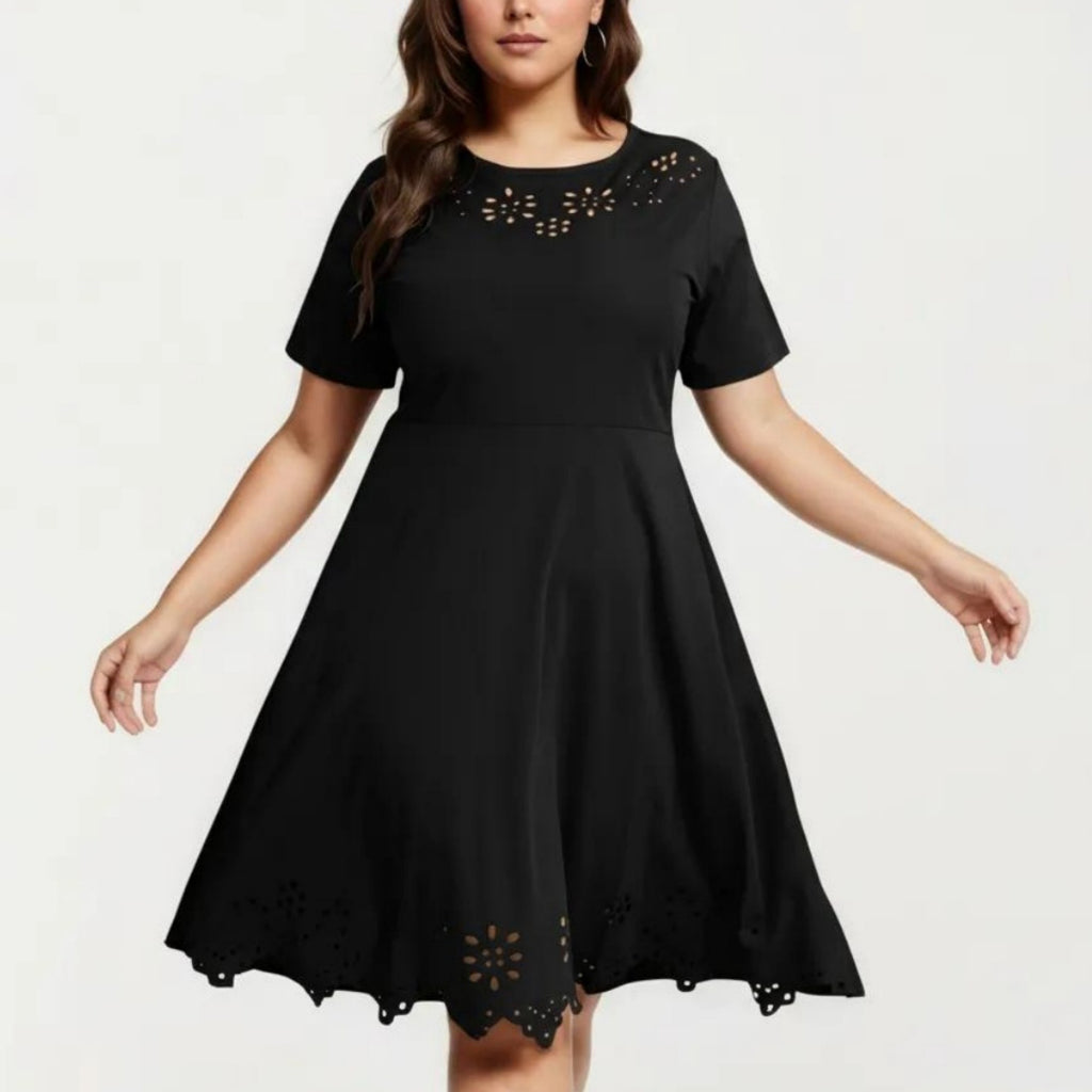 Anna-Kaci Short Sleeve Midi Dress with Laser Cut Detail Round Neck A Line Fit and Flare Casual Dress