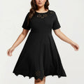 Anna-Kaci Short Sleeve Midi Dress with Laser Cut Detail Round Neck A Line Fit and Flare Casual Dress