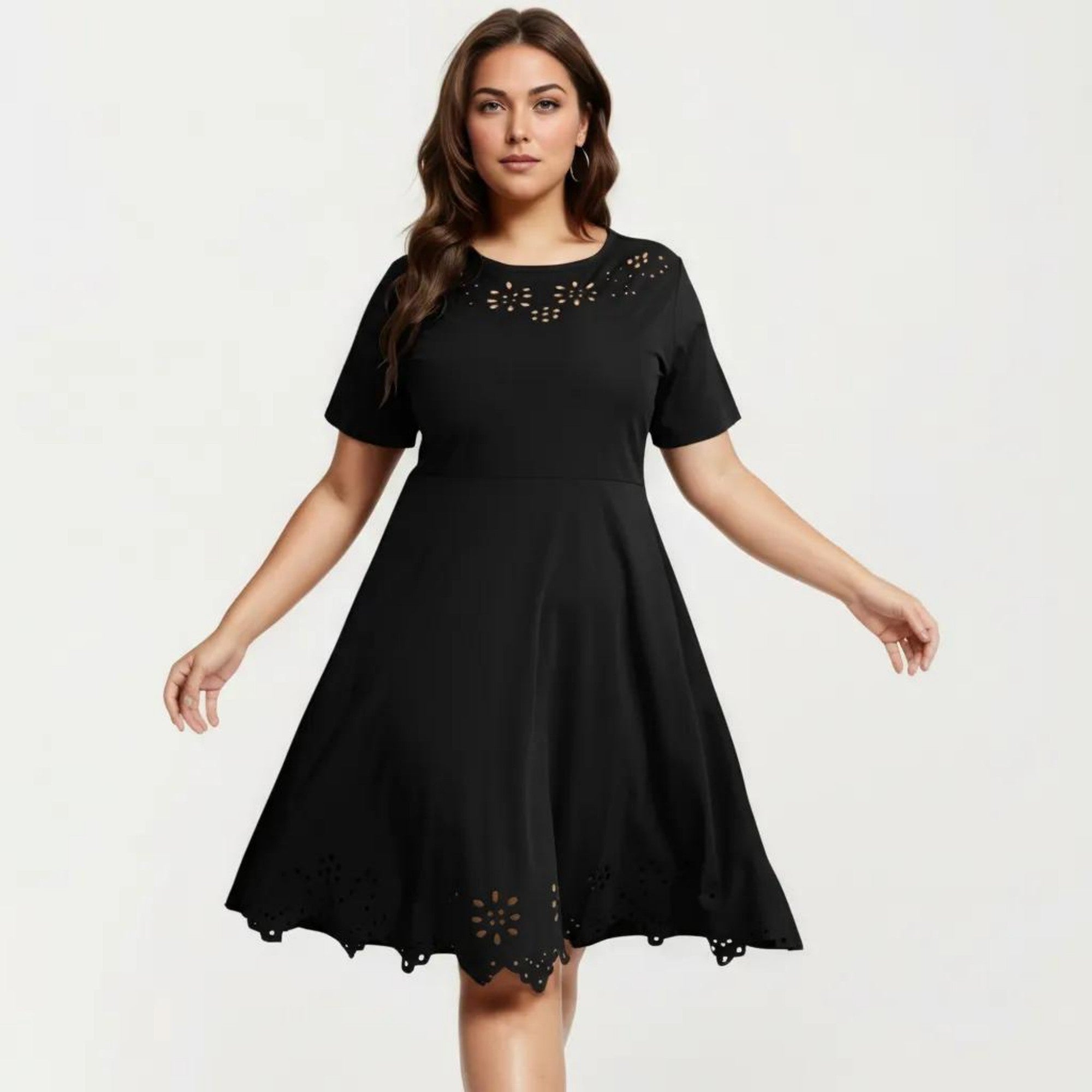 Anna-Kaci Short Sleeve Midi Dress with Laser Cut Detail Round Neck A Line Fit and Flare Casual Dress