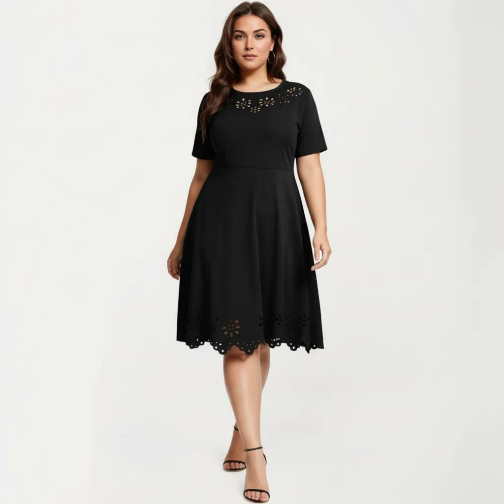 Anna-Kaci Short Sleeve Midi Dress with Laser Cut Detail Round Neck A Line Fit and Flare Casual Dress