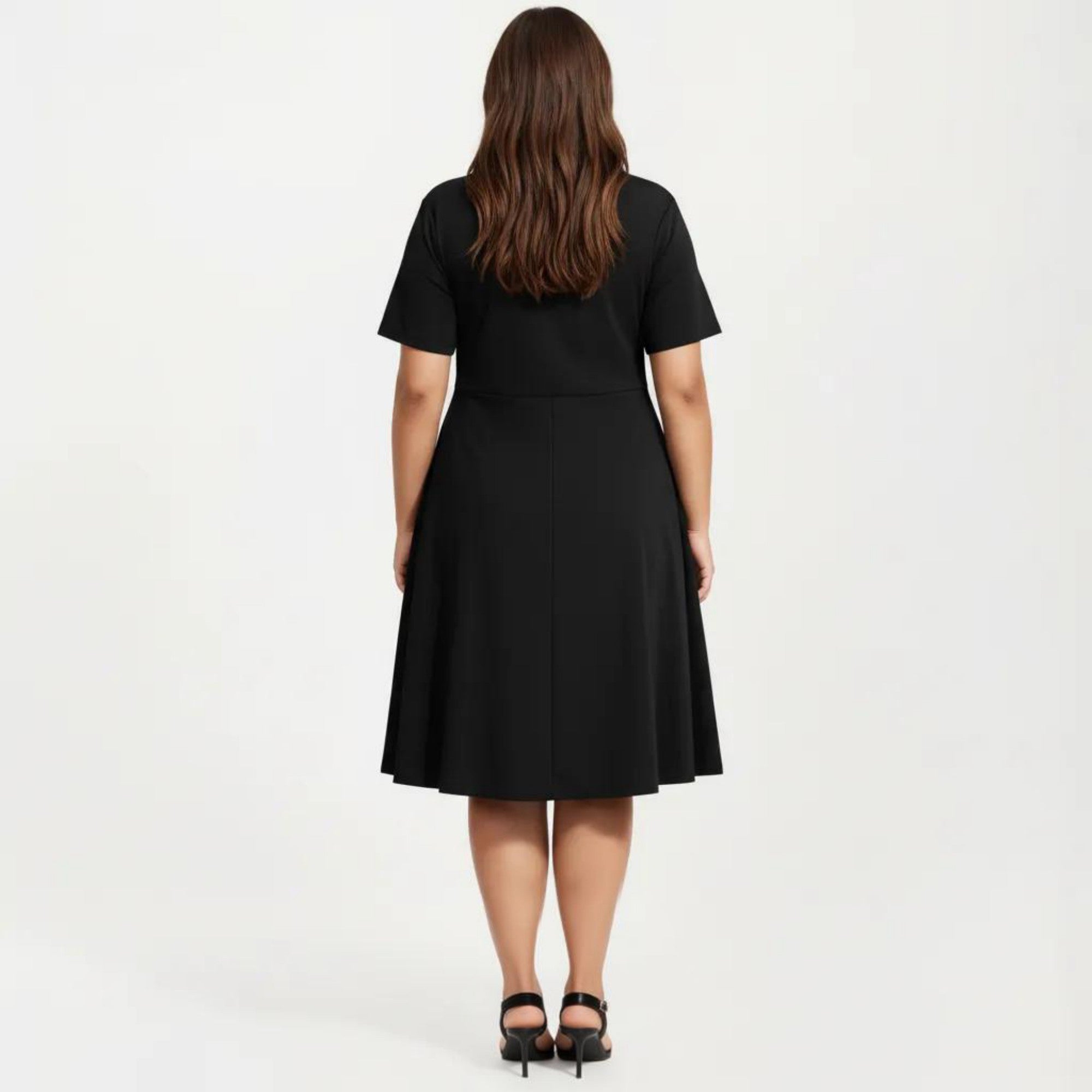 Anna-Kaci Short Sleeve Midi Dress with Laser Cut Detail Round Neck A Line Fit and Flare Casual Dress