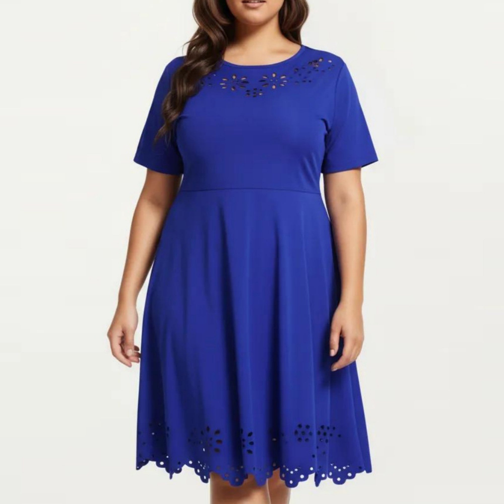 Anna-Kaci Short Sleeve Midi Dress with Laser Cut Detail Round Neck A Line Fit and Flare Casual Dress