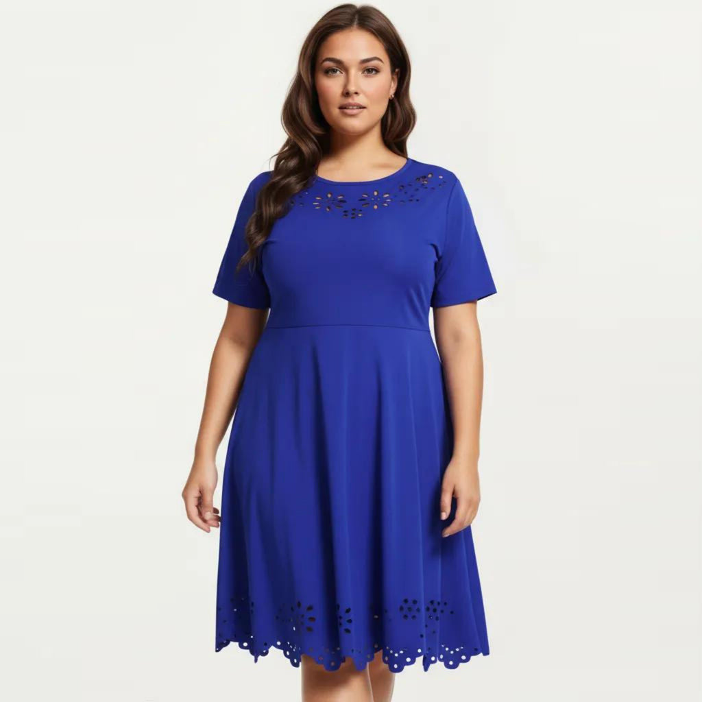 Anna-Kaci Short Sleeve Midi Dress with Laser Cut Detail Round Neck A Line Fit and Flare Casual Dress