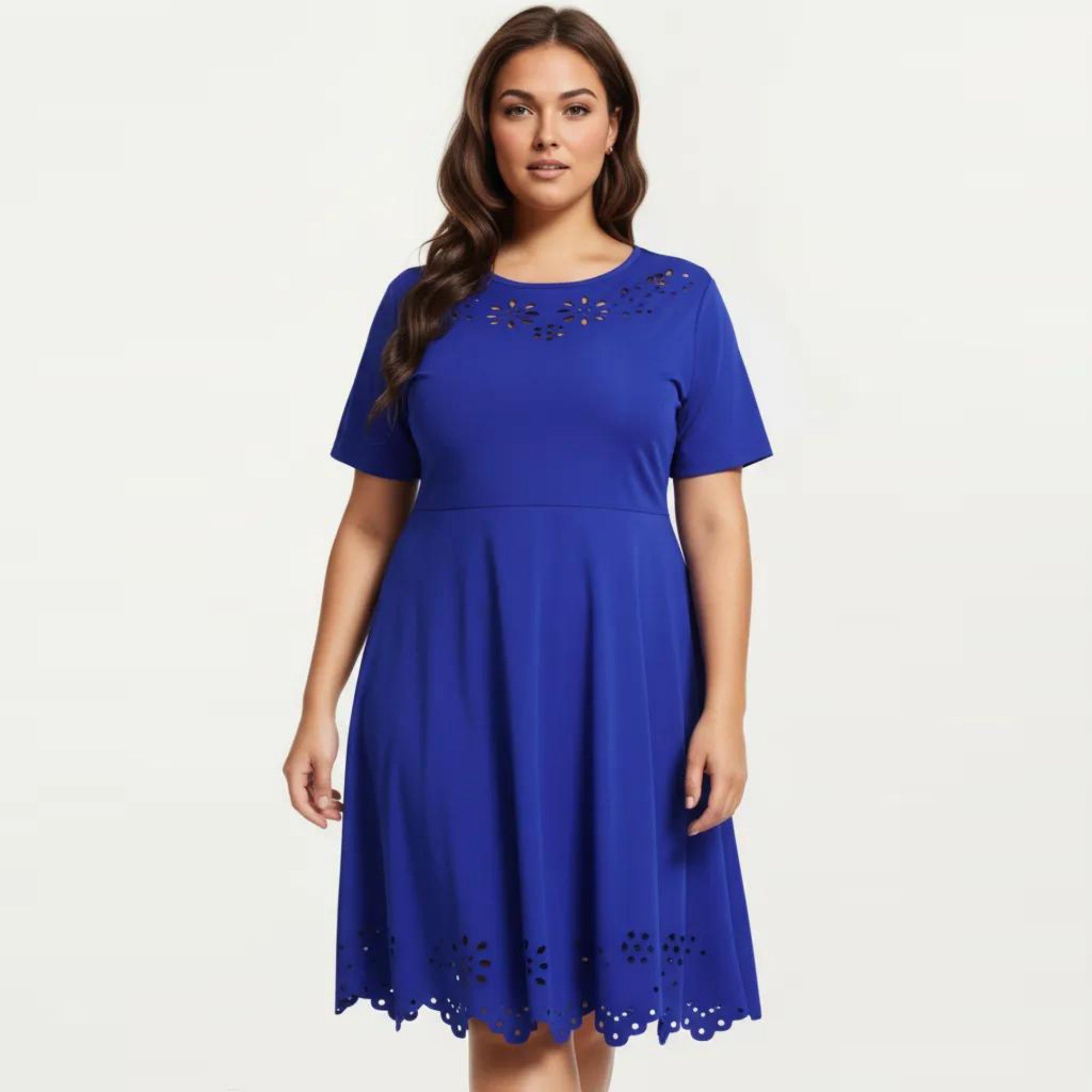 Anna-Kaci Short Sleeve Midi Dress with Laser Cut Detail Round Neck A Line Fit and Flare Casual Dress