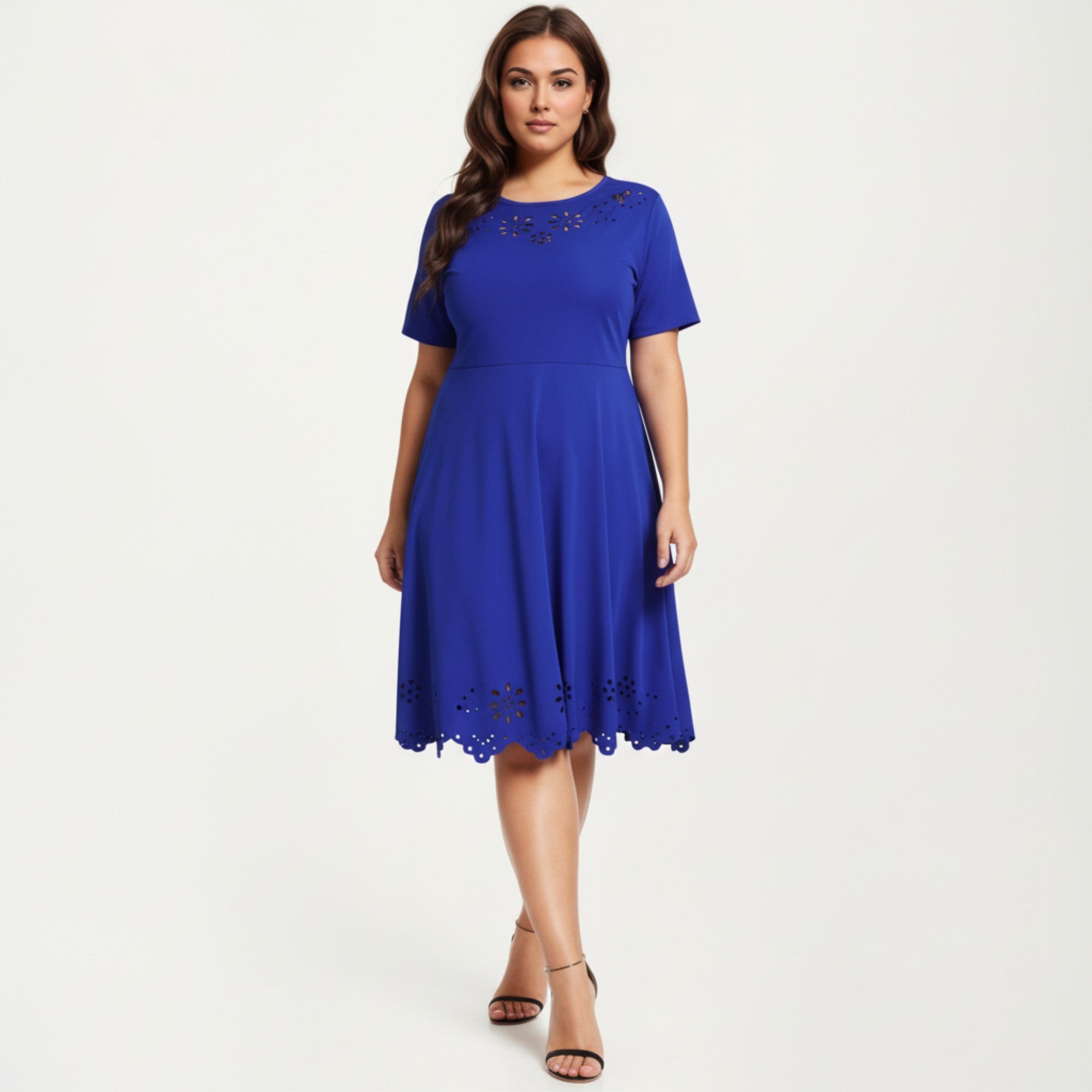 Anna-Kaci Short Sleeve Midi Dress with Laser Cut Detail Round Neck A Line Fit and Flare Casual Dress