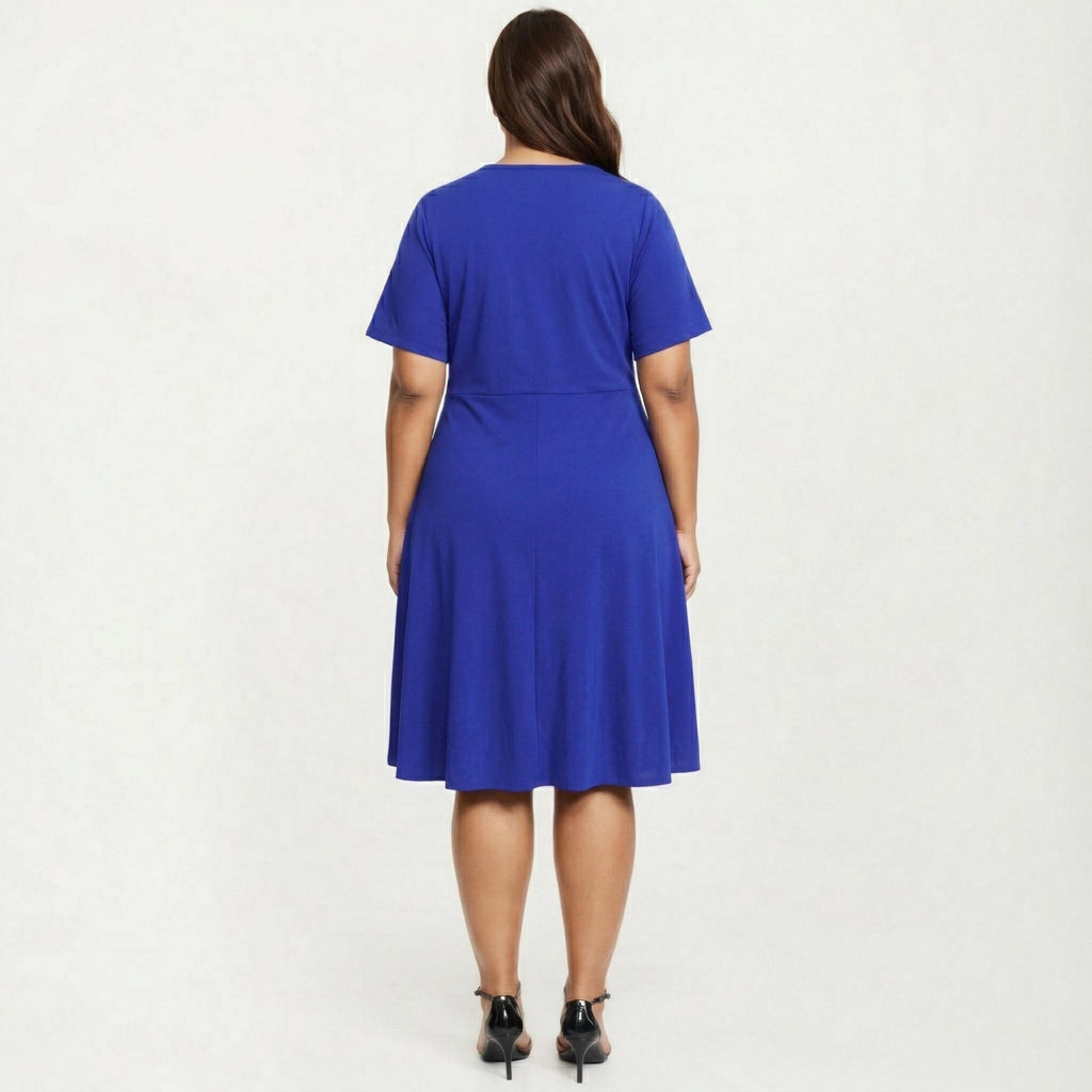 Anna-Kaci Short Sleeve Midi Dress with Laser Cut Detail Round Neck A Line Fit and Flare Casual Dress
